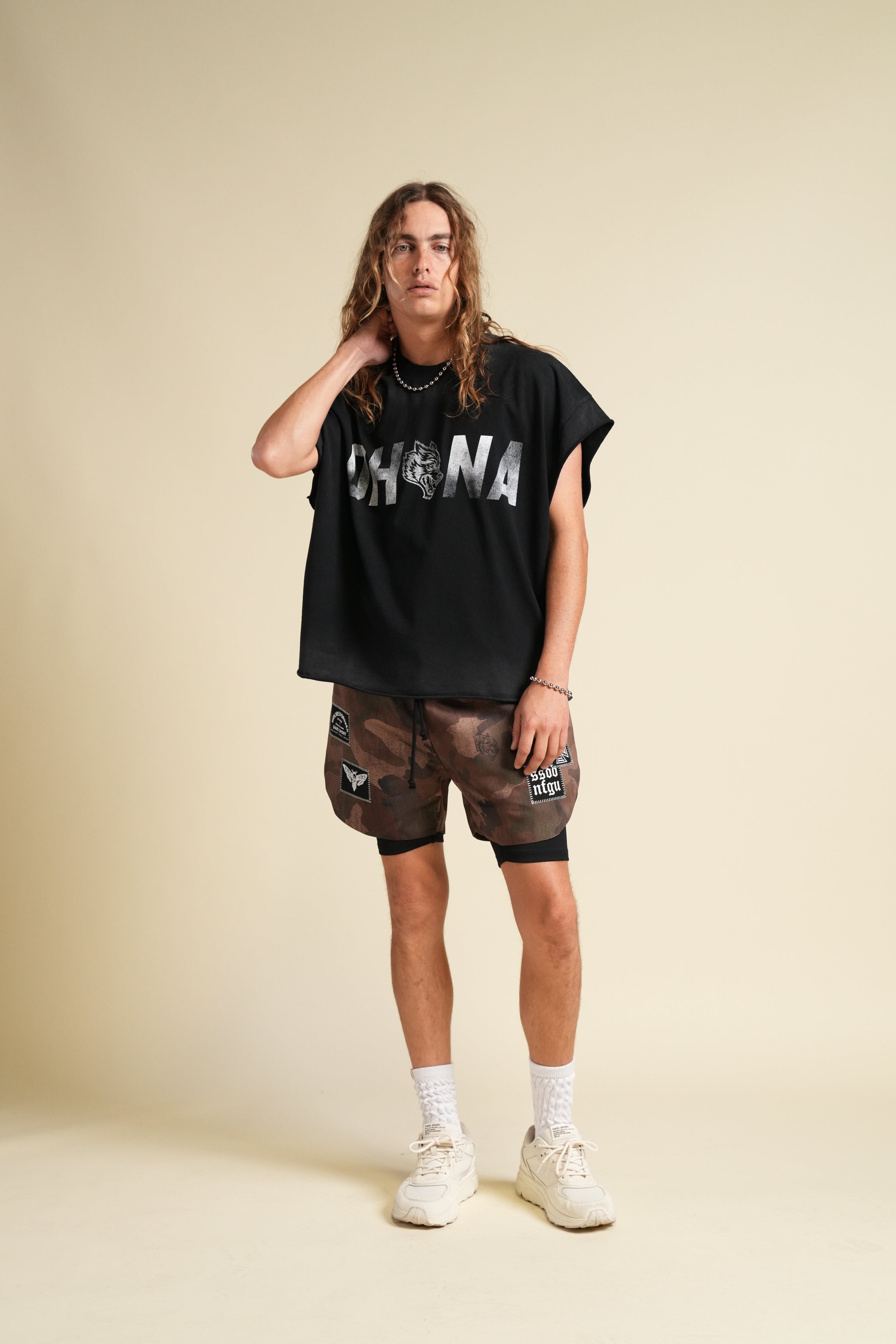 Ohana Wolf "Grunge" Cut Off Tee in Black Drift Wash