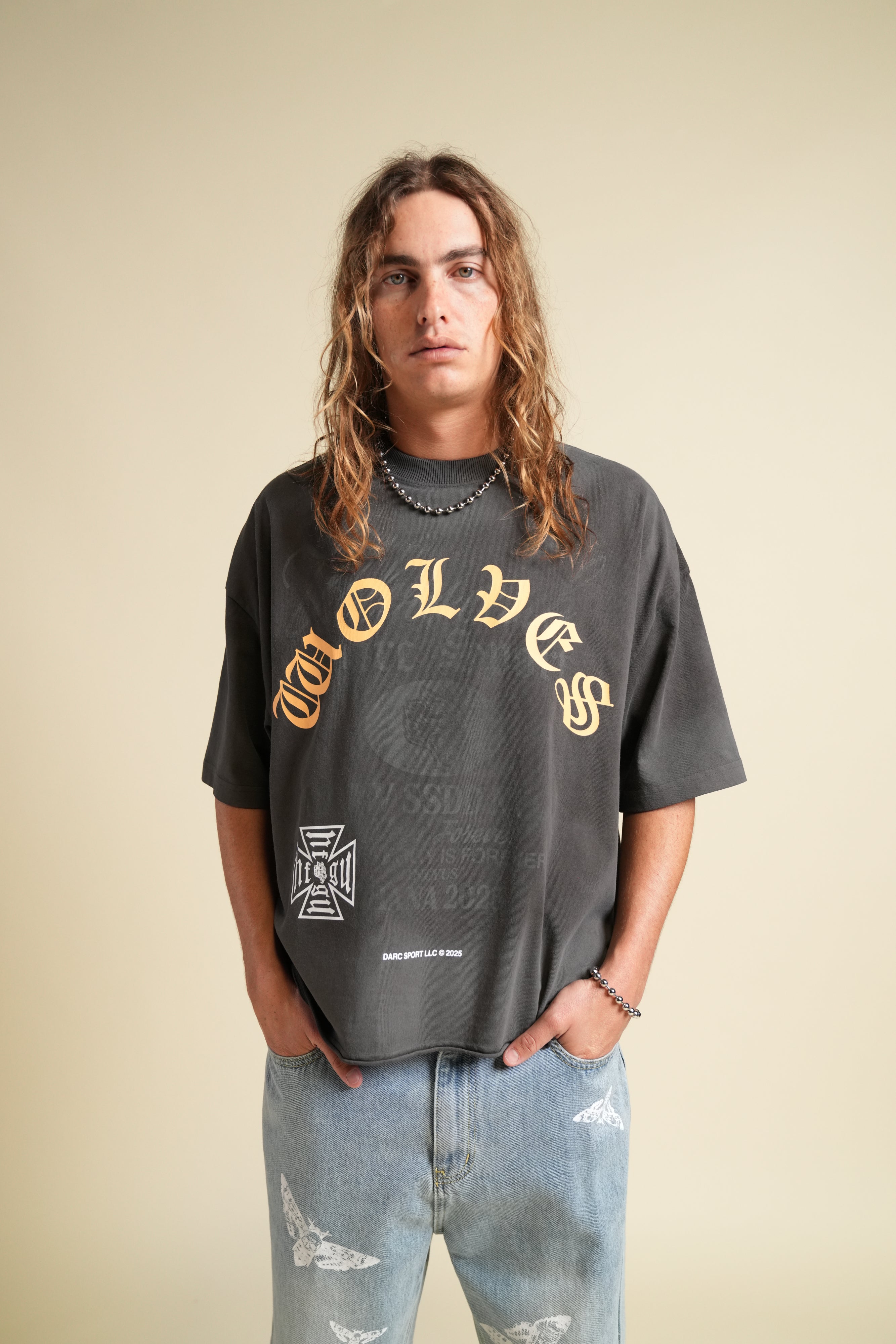 Ohana Wolves Club Grunge Raw Hem Mid Length Tee in Wolf Gray Drift Wash