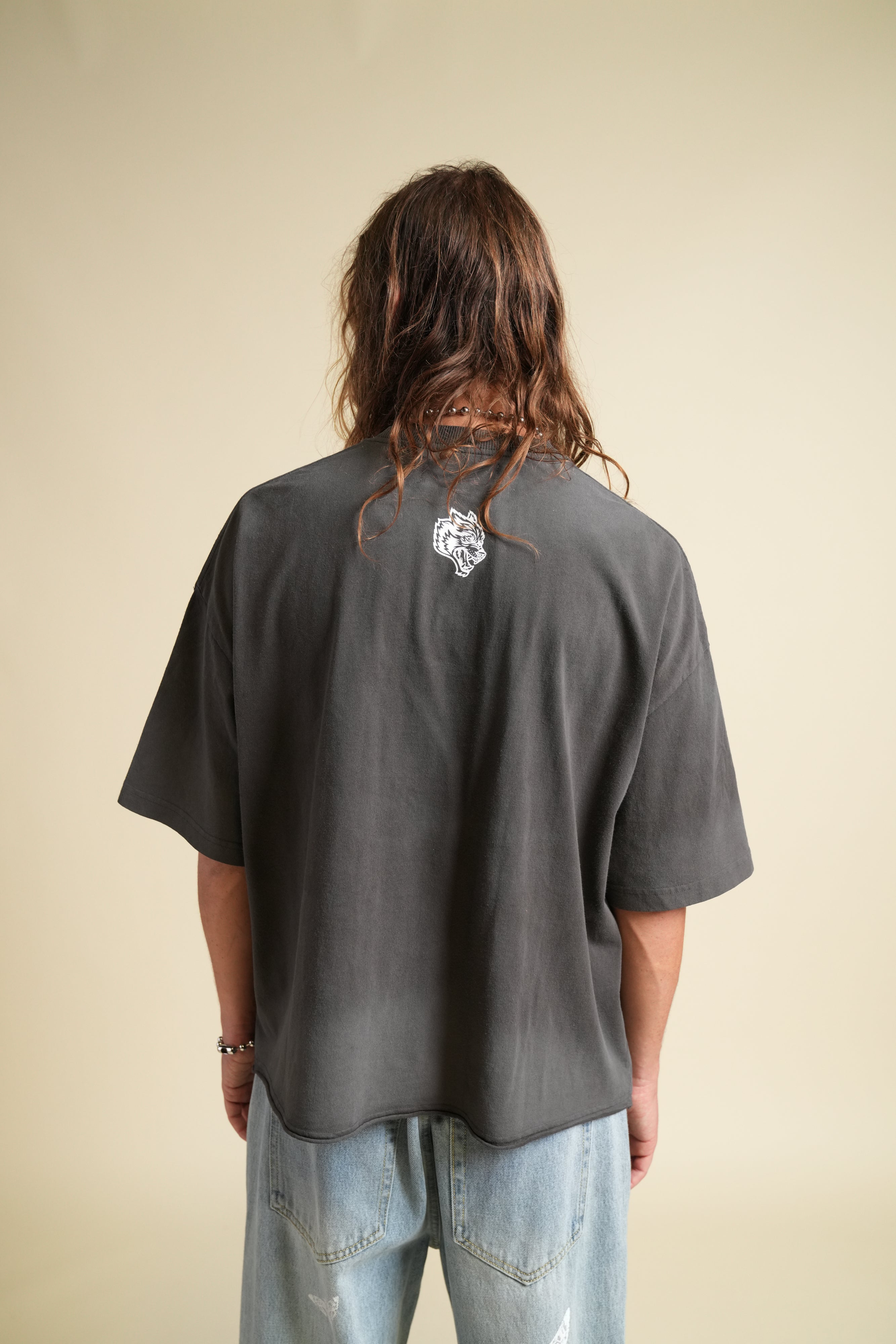 Ohana Wolves Club Grunge Raw Hem Mid Length Tee in Wolf Gray Drift Wash