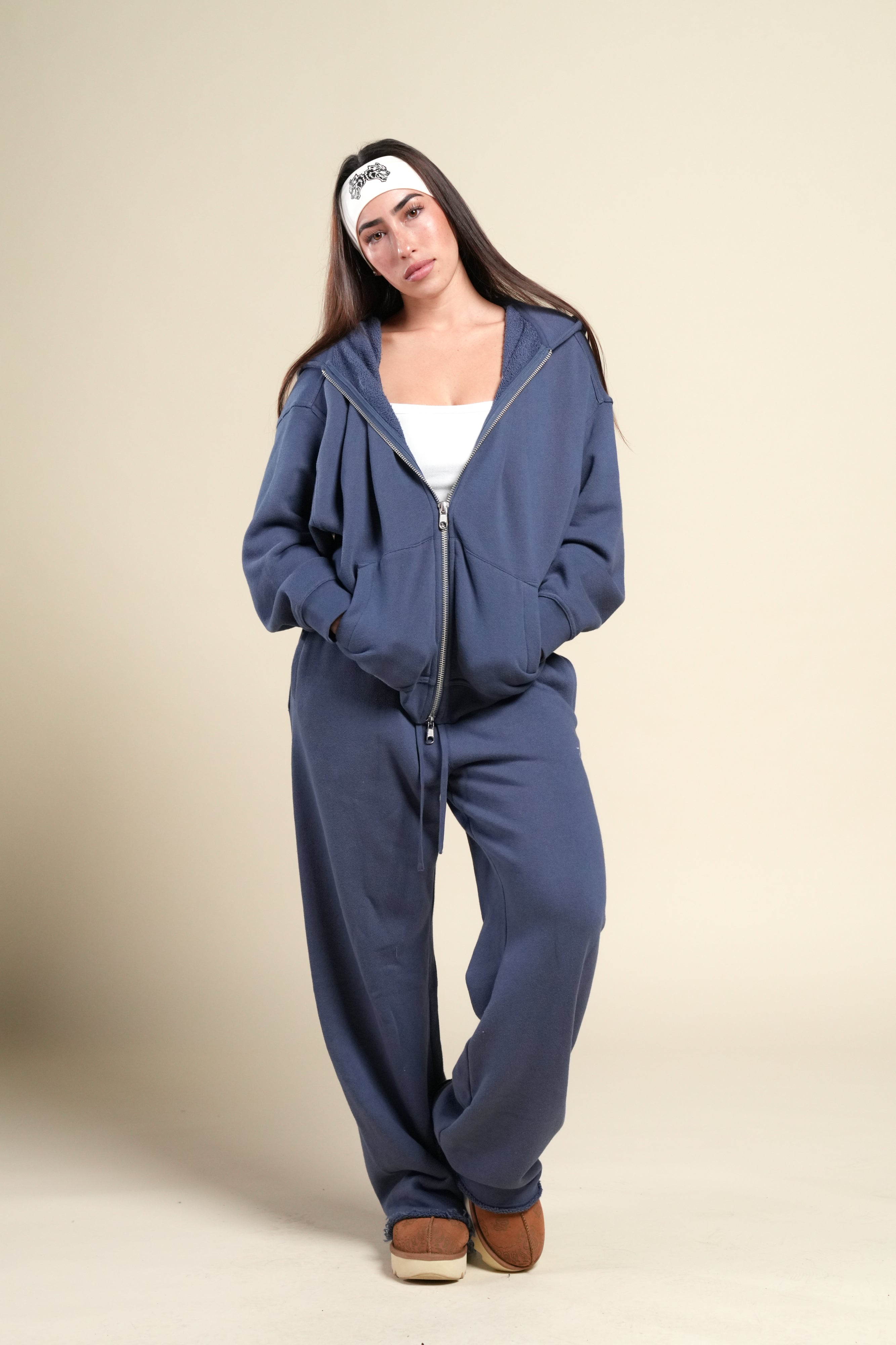 Cursive Wolves "Anya" Premium Double Zip Hoodie in Washed Denim