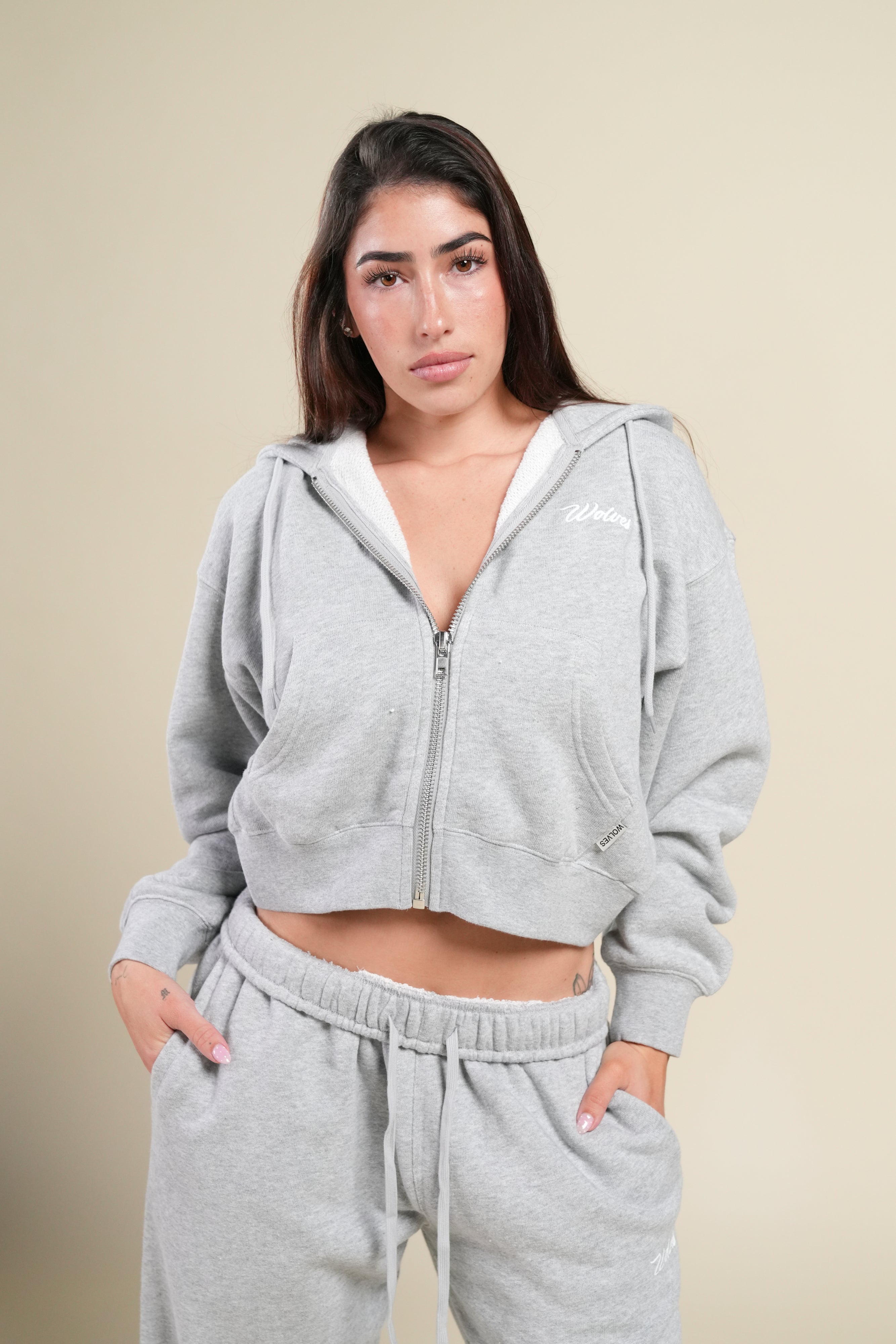 Cursive Wolves "Sage" Cropped Zip Hoodie in Heather Gray