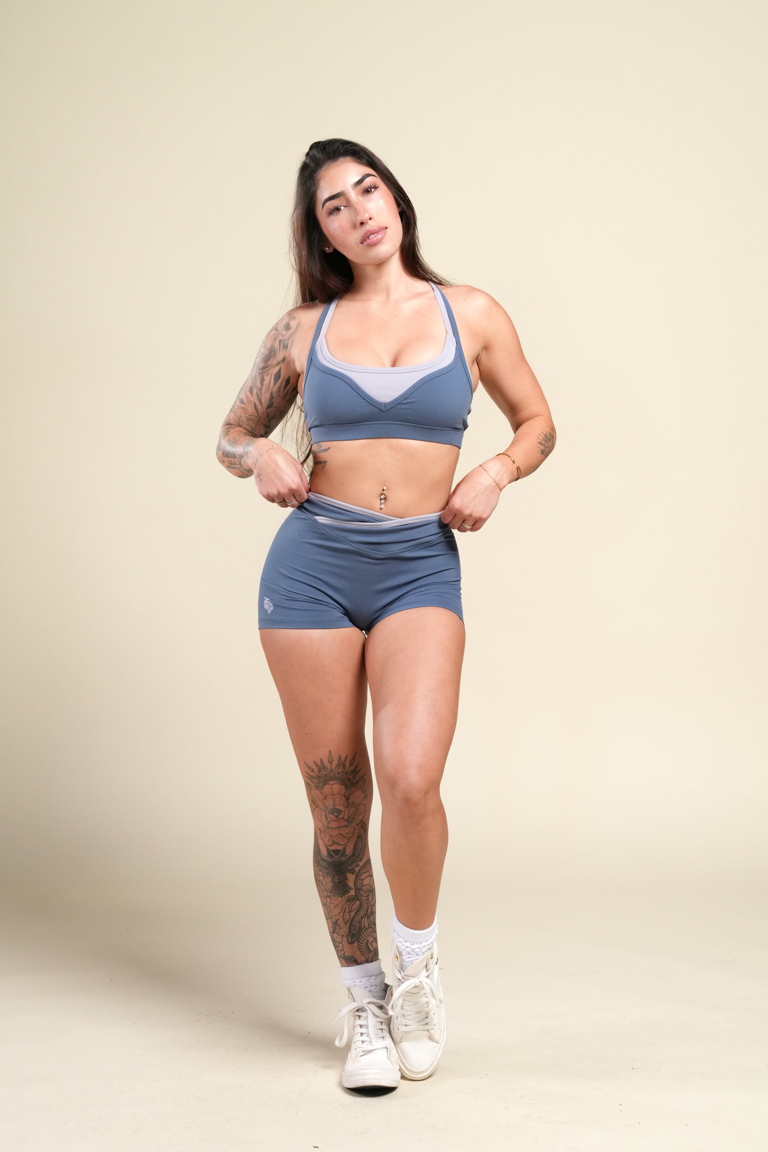 Wolf Contrast "Pearl" Energy Shorts in Washed Denim/Sport Gray