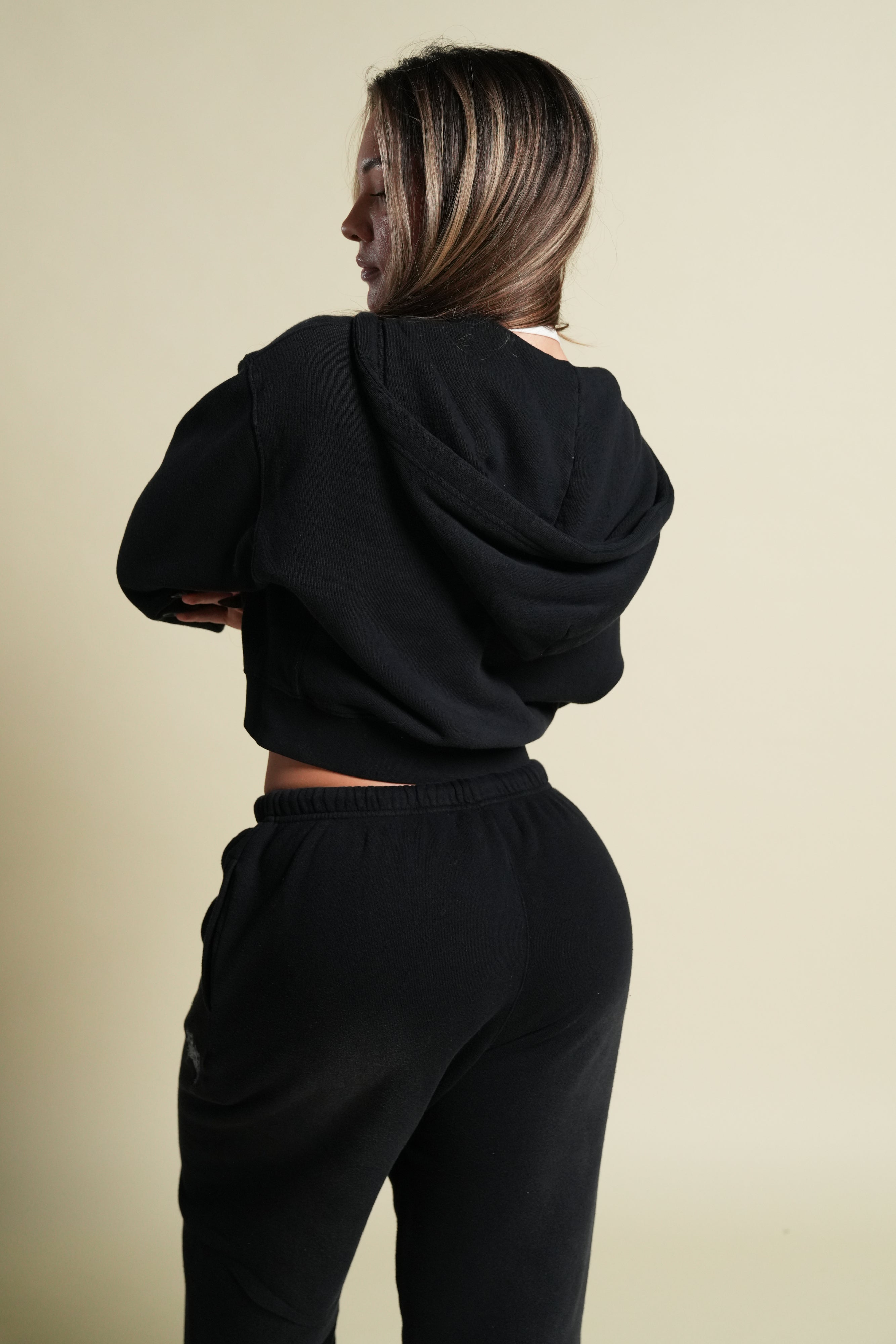 Cursive Wolves "Sage" Cropped Zip Hoodie in Black Sun Fade