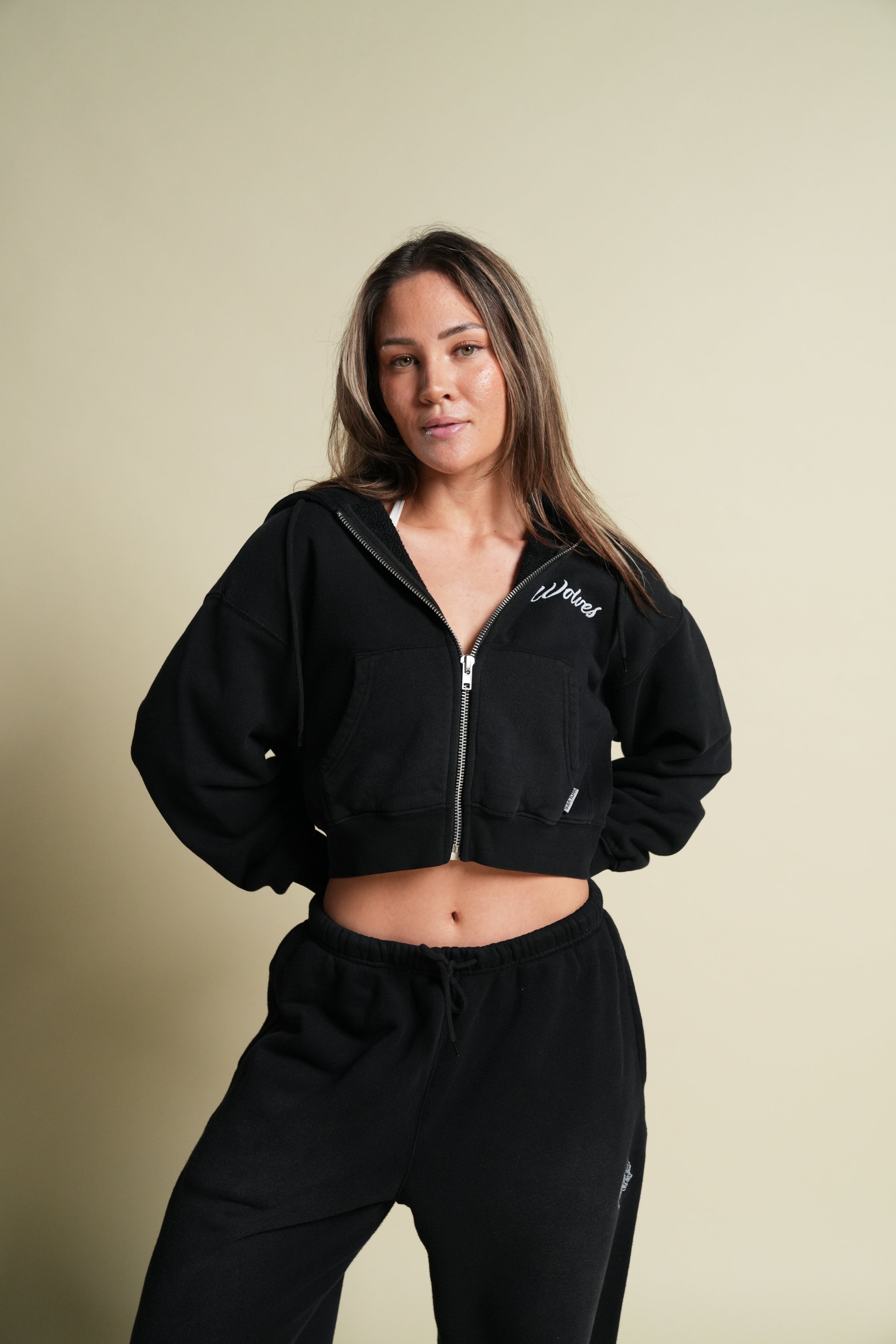 Cursive Wolves "Sage" Cropped Zip Hoodie in Black Sun Fade