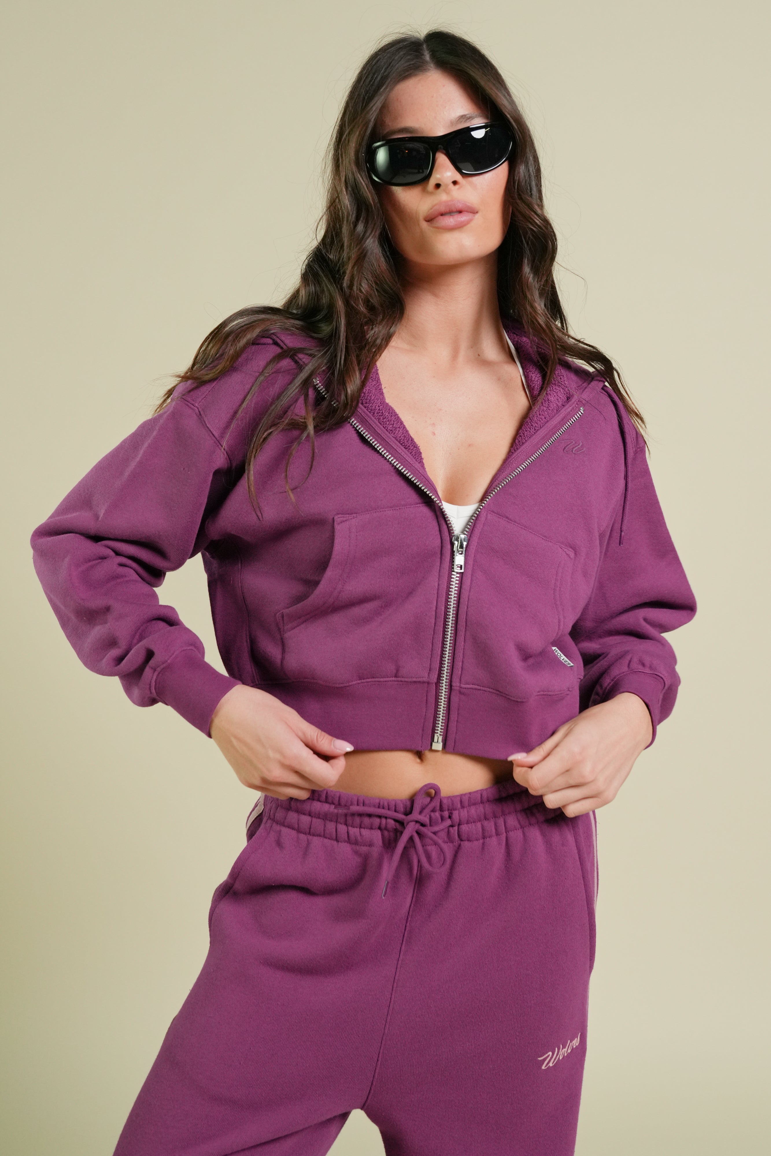 Cursive Wolves "Sage" Cropped Zip Hoodie in Soft Plum