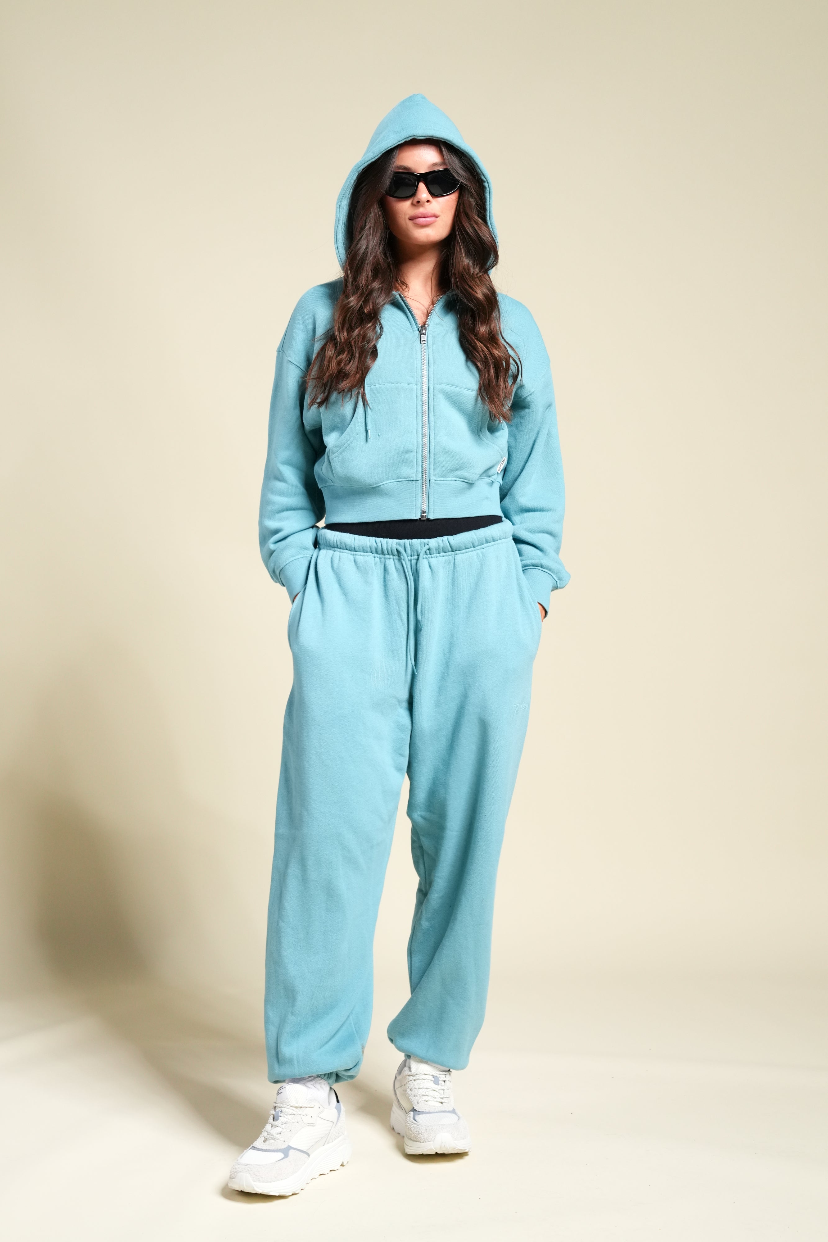 Cursive Wolves "Sage" Cropped Zip Hoodie in Dusty Turquoise