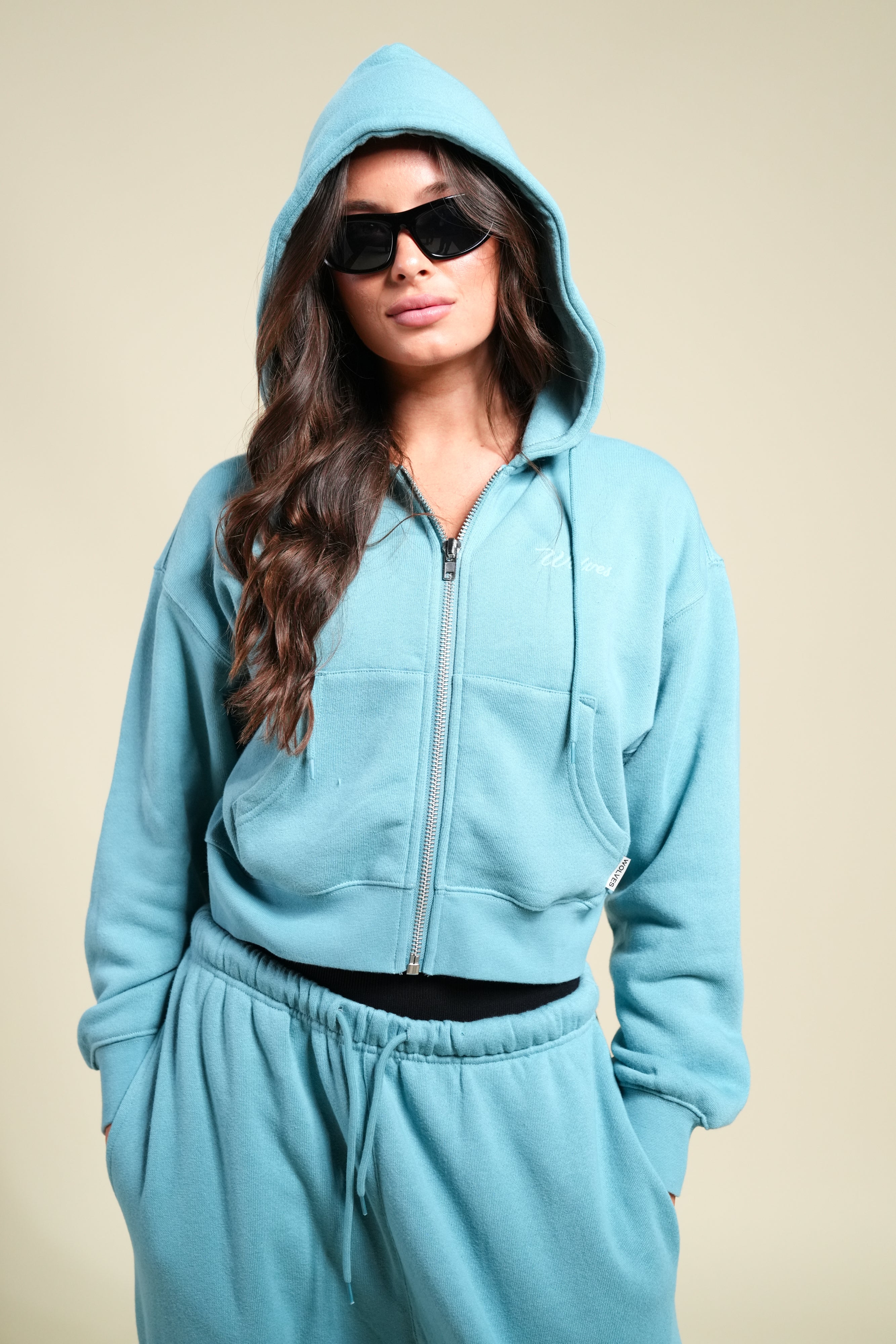 Cursive Wolves "Sage" Cropped Zip Hoodie in Dusty Turquoise