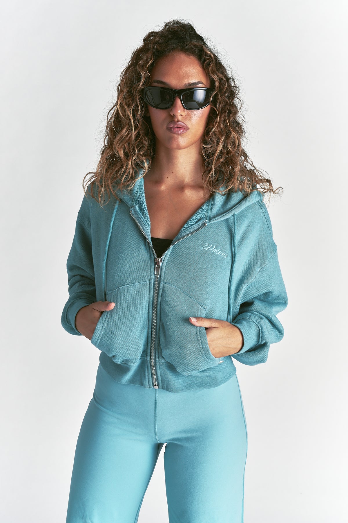 Cursive Wolves "Sage" Cropped Zip Hoodie in Dusty Turquoise
