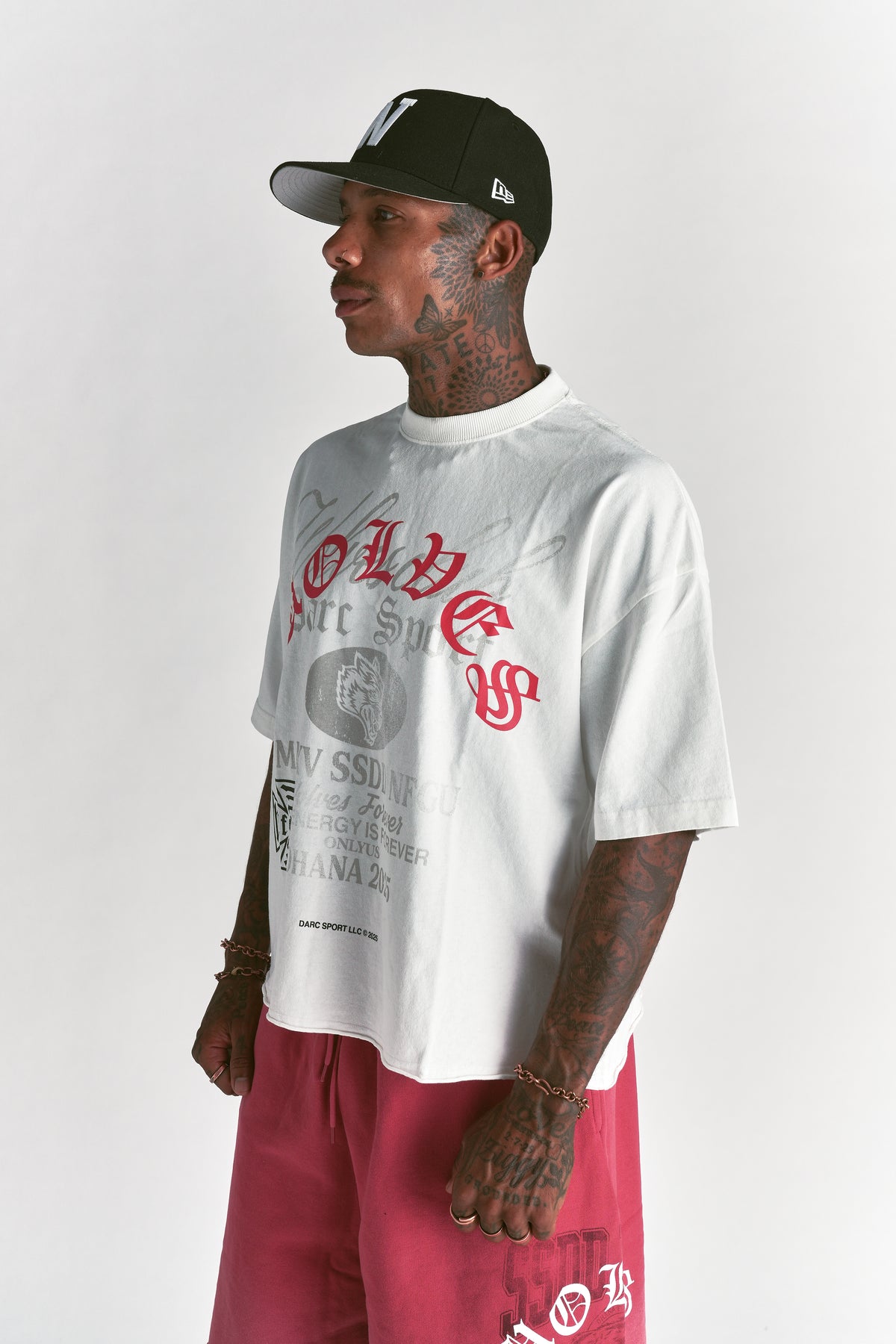 Ohana Wolves Club Grunge Raw Hem Mid Length Tee in Cream