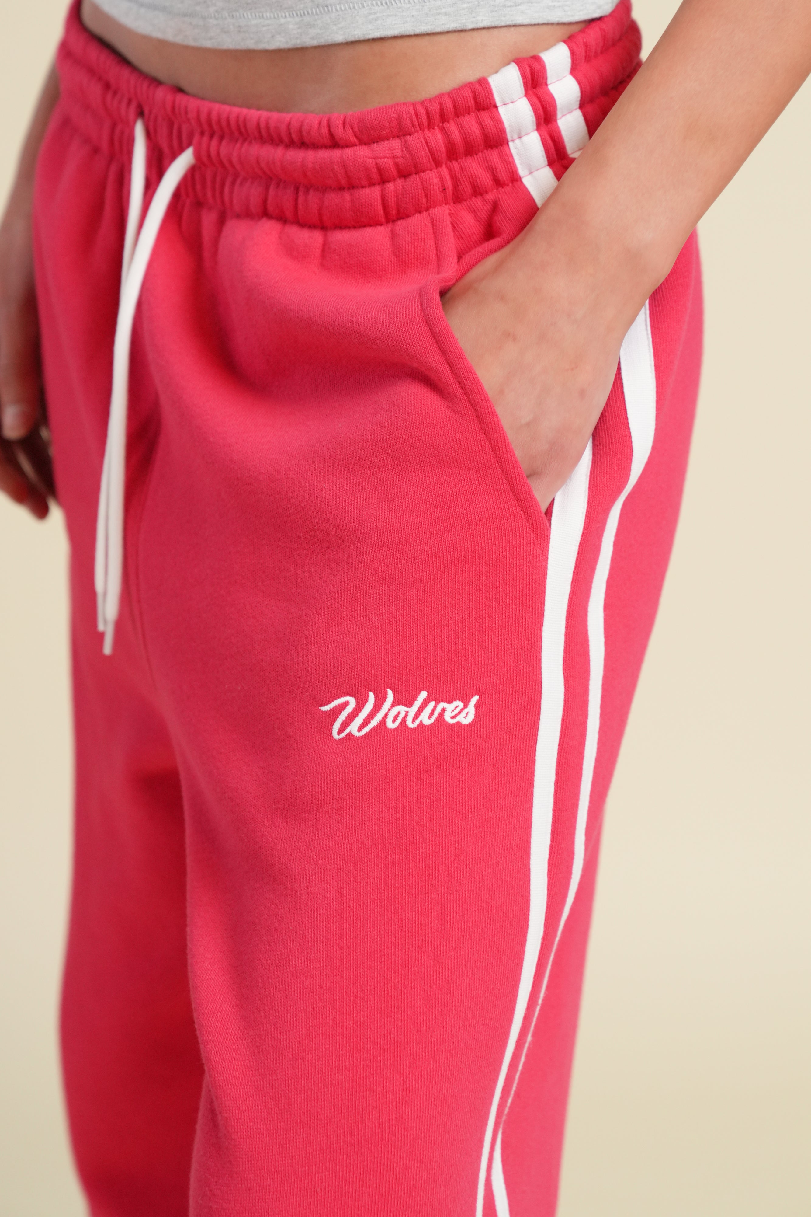 Cursive Wolves Premium Stripe Big Cozy Sweats in Cherry