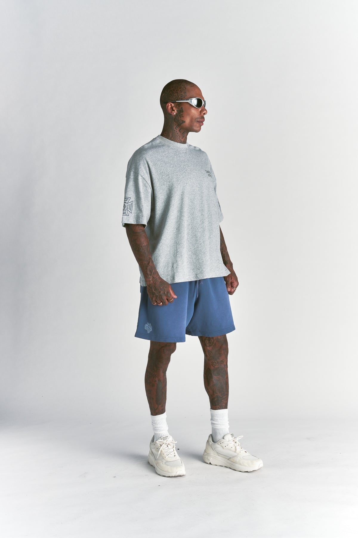 Dual Oversized Post Lounge Sweat Shorts in Washed Denim Sun Fade
