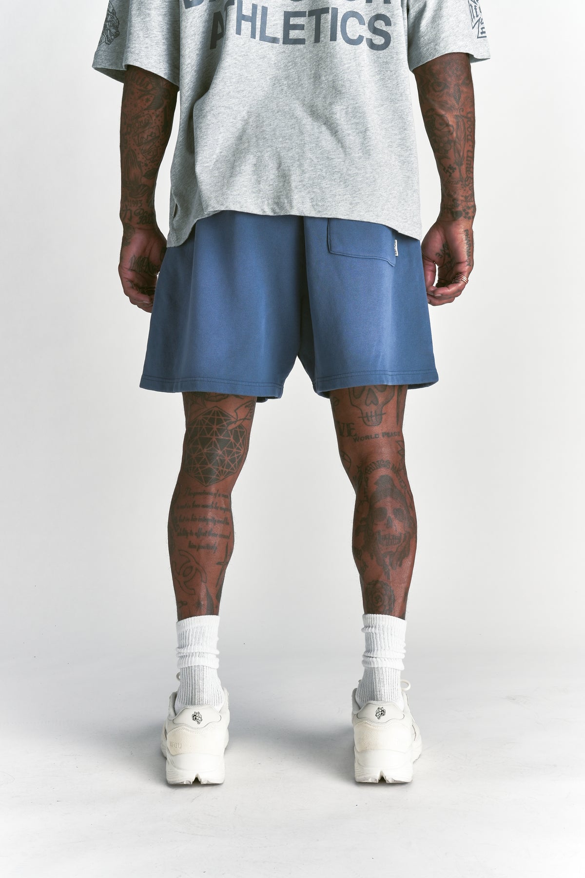 Dual Oversized Post Lounge Sweat Shorts in Washed Denim Sun Fade