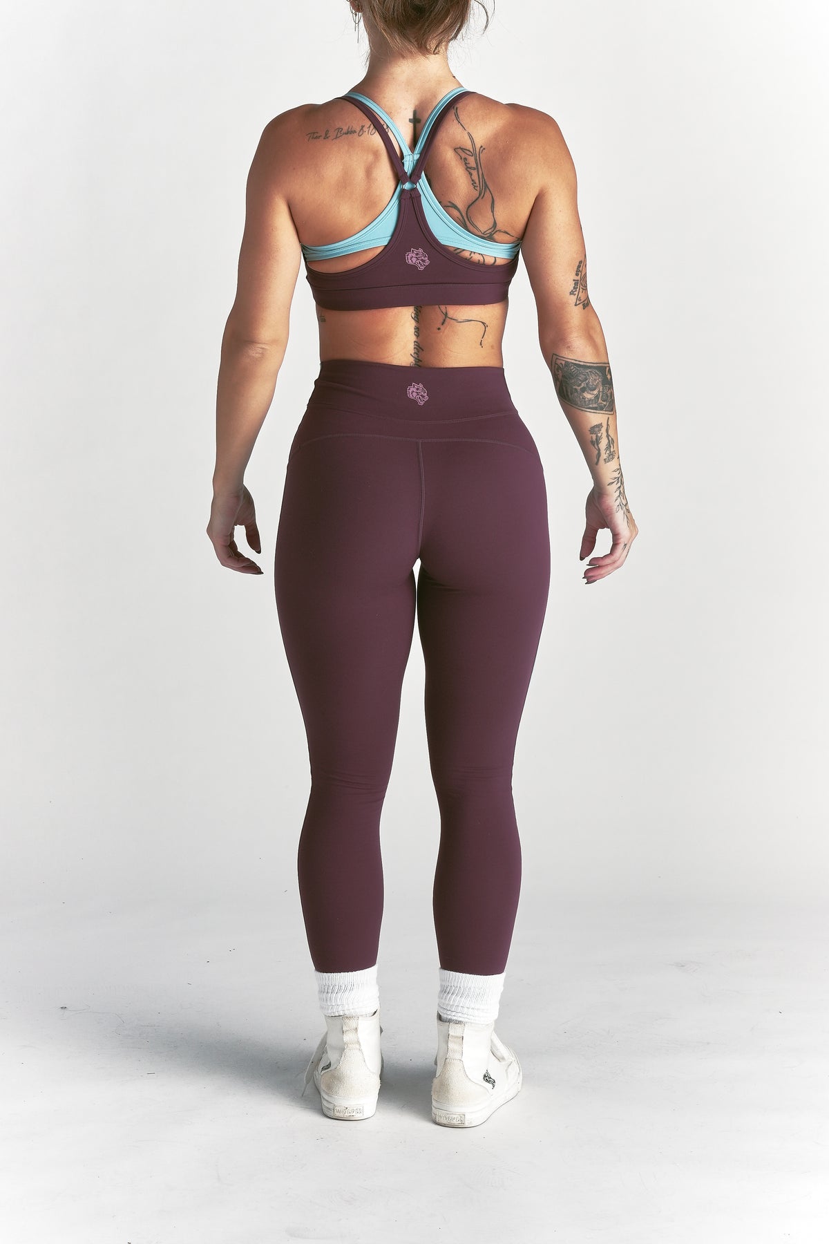 Wolf "Celine" Stripe Energy Leggings in Fig/Dusty Turquoise