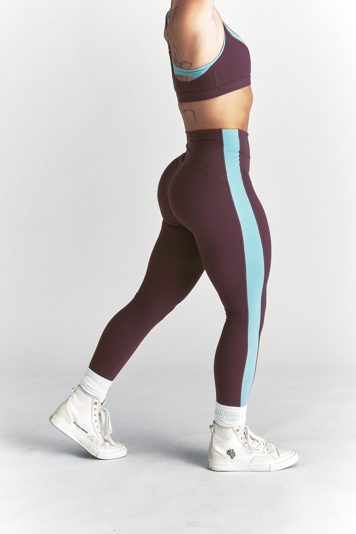 Wolf "Celine" Stripe Energy Leggings in Fig/Dusty Turquoise