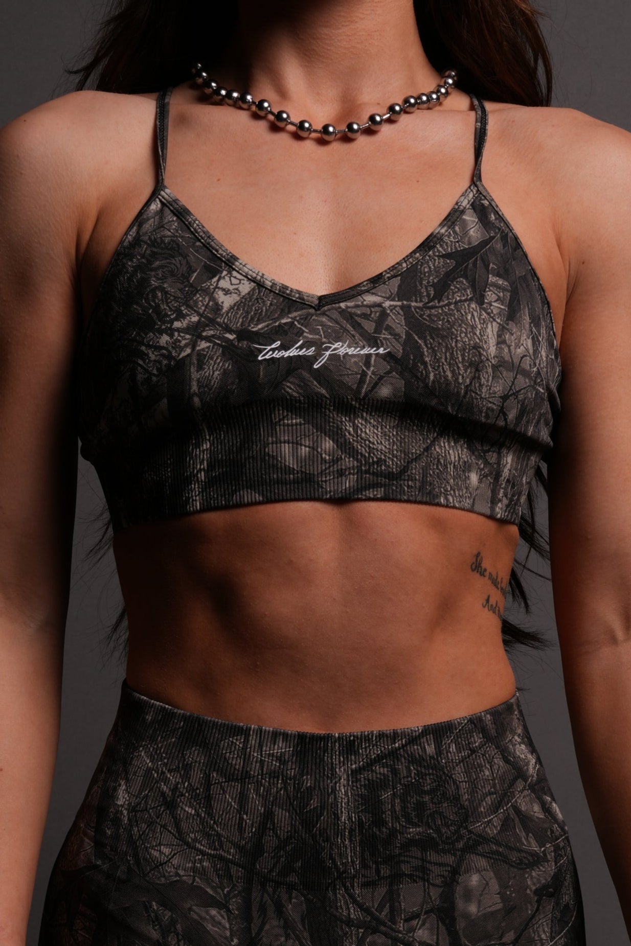 Wolves Forever "Everson Seamless" Sports Bra in Dusk Moss Driftwood Forest Camo