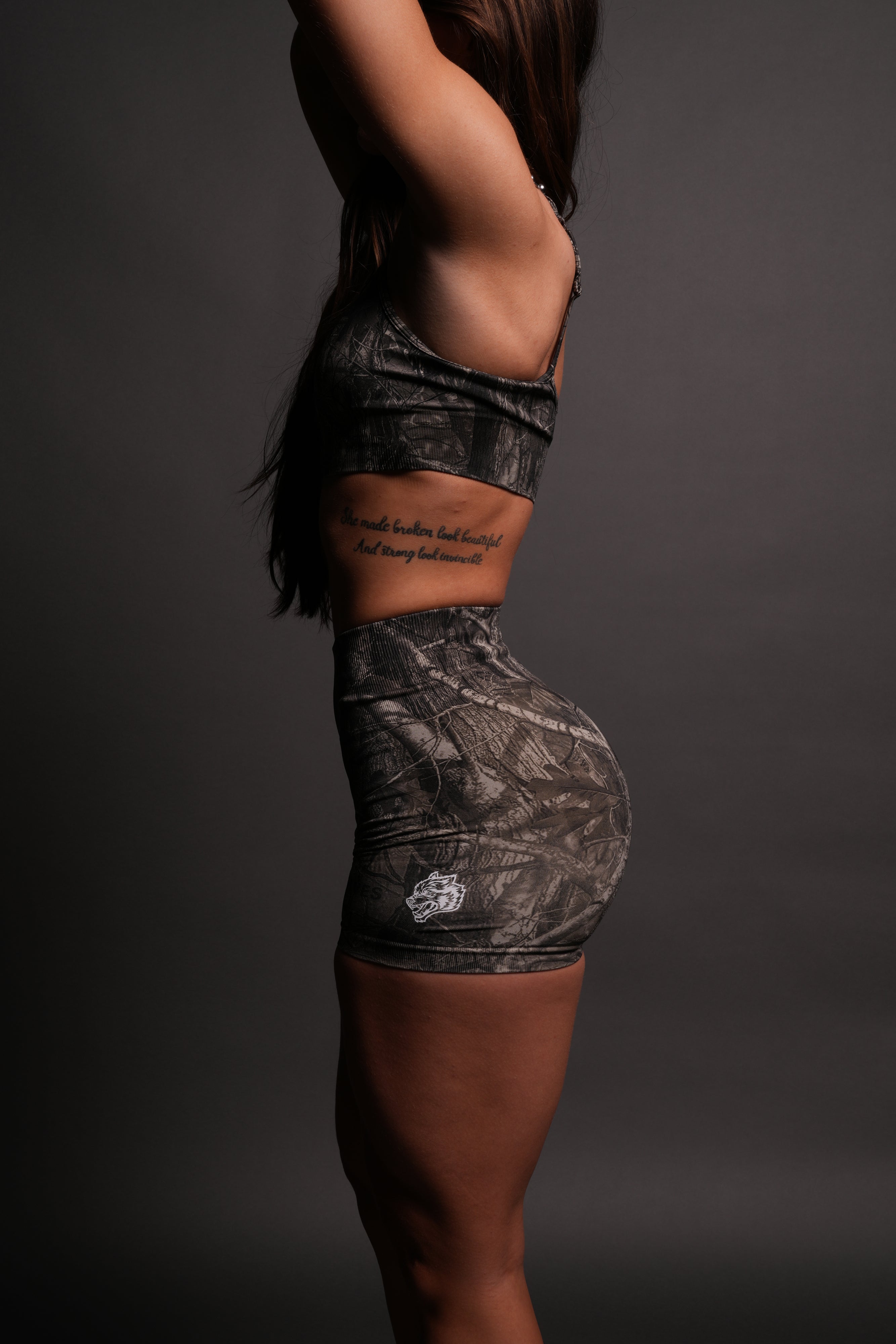 Dual Wolf Seamless Everson "Training" Shorts in Dusk Moss Driftwood Forest Camo