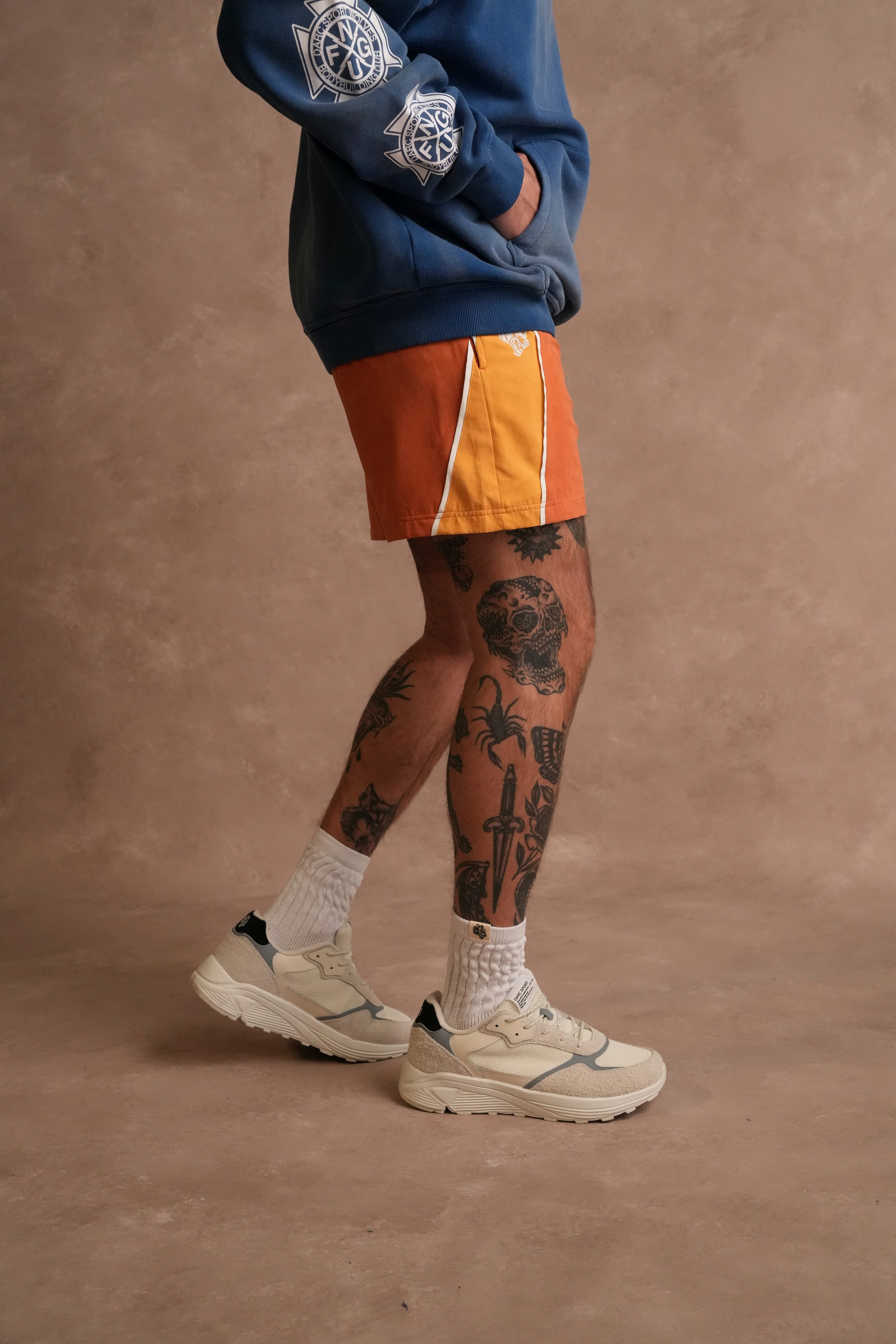 Dual Darby Track Shorts in Coral/Yellow Orange