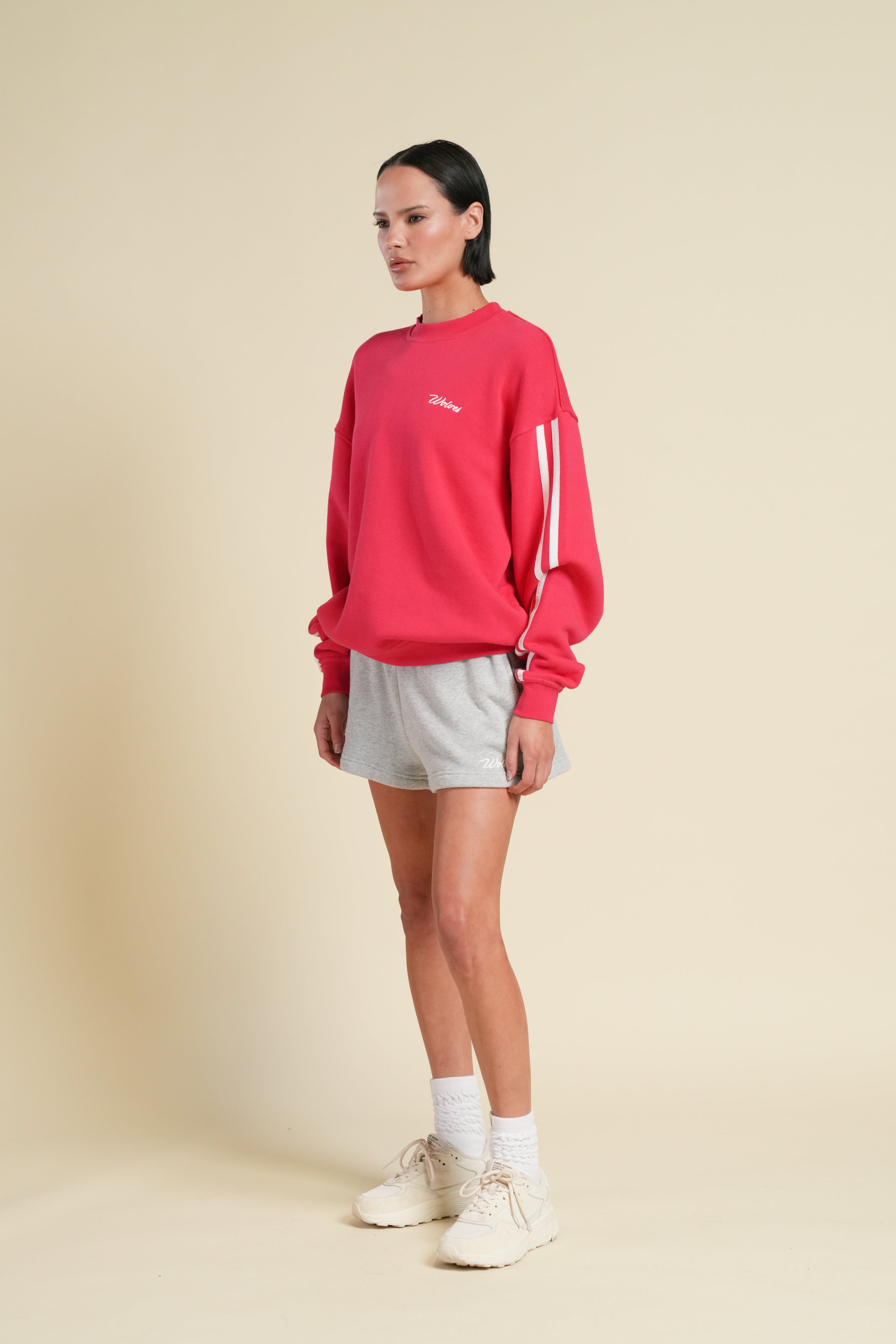 Cursive Wolves Premium Stripe London Crewneck in Cherry