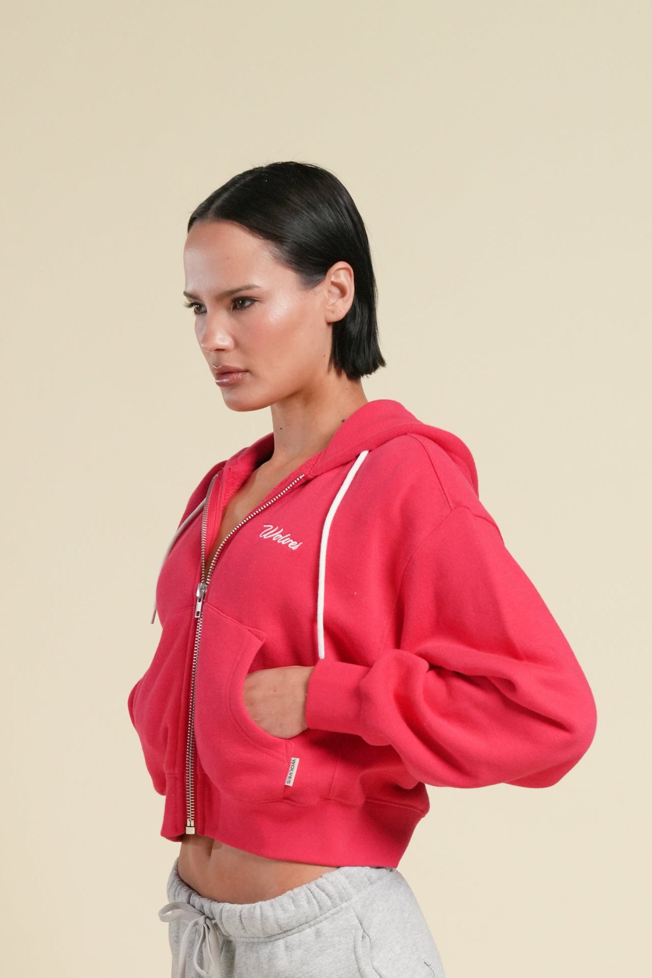 Cursive Wolves "Sage" Cropped Zip Hoodie in Cherry