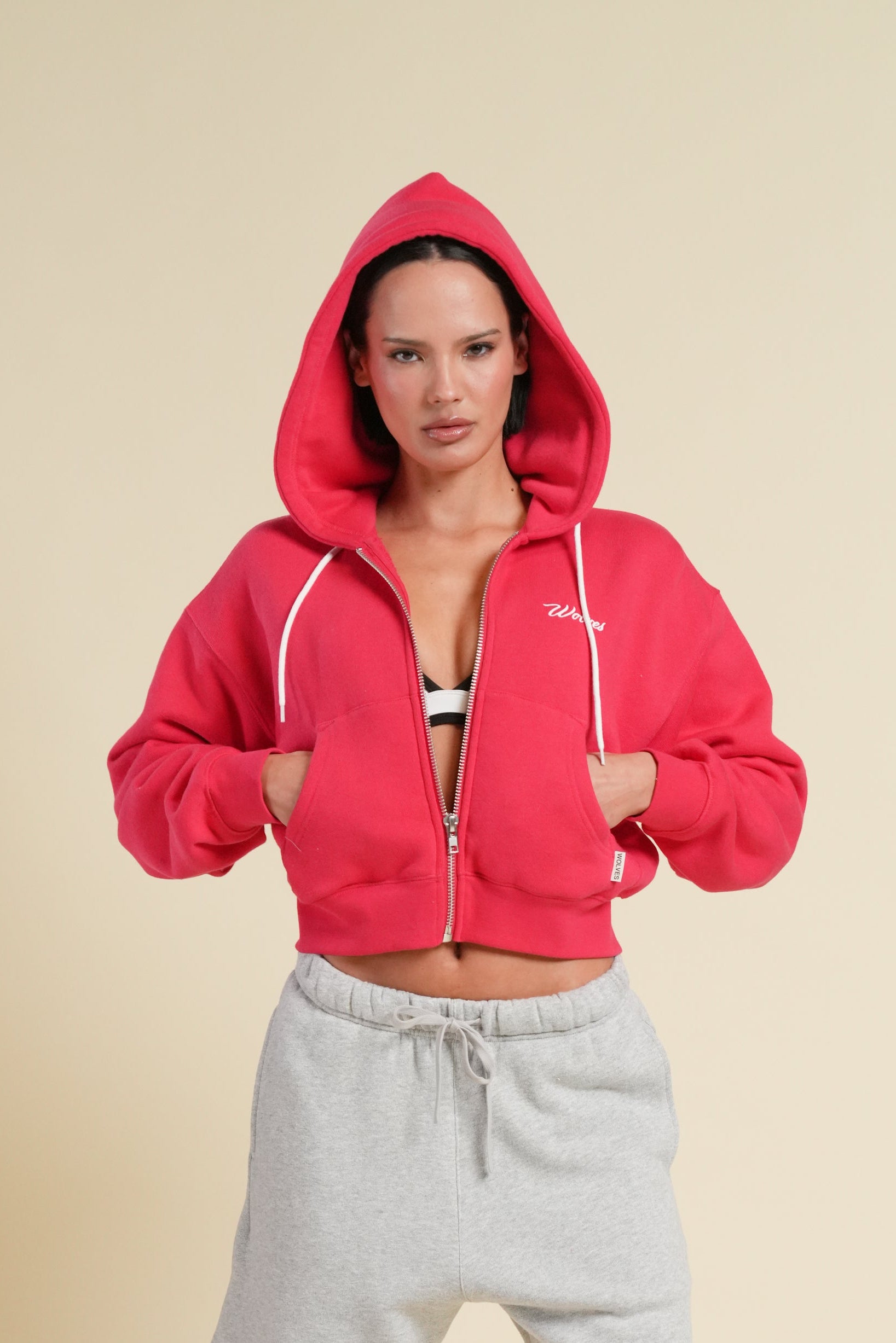 Cursive Wolves "Sage" Cropped Zip Hoodie in Cherry