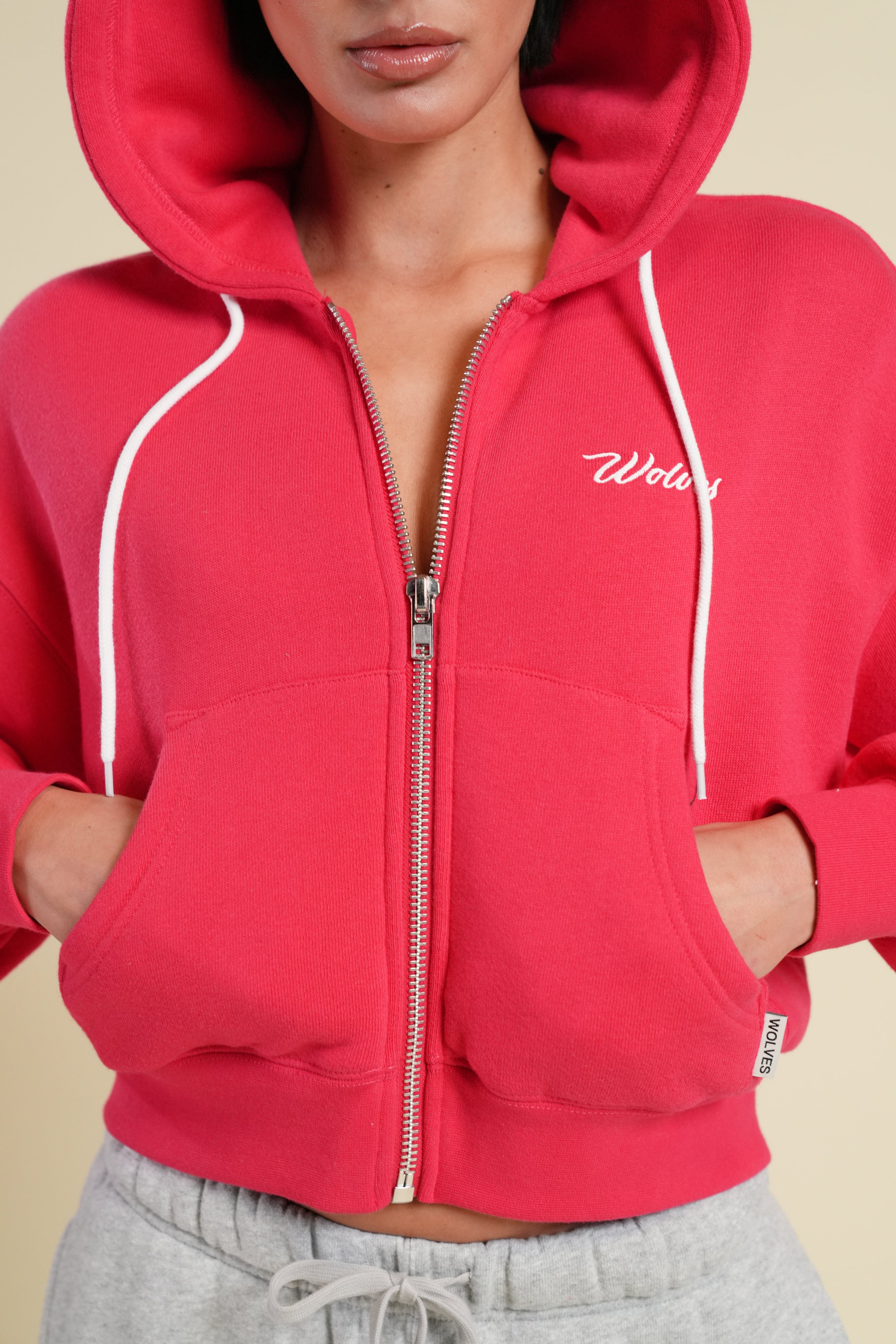 Cursive Wolves "Sage" Cropped Zip Hoodie in Cherry