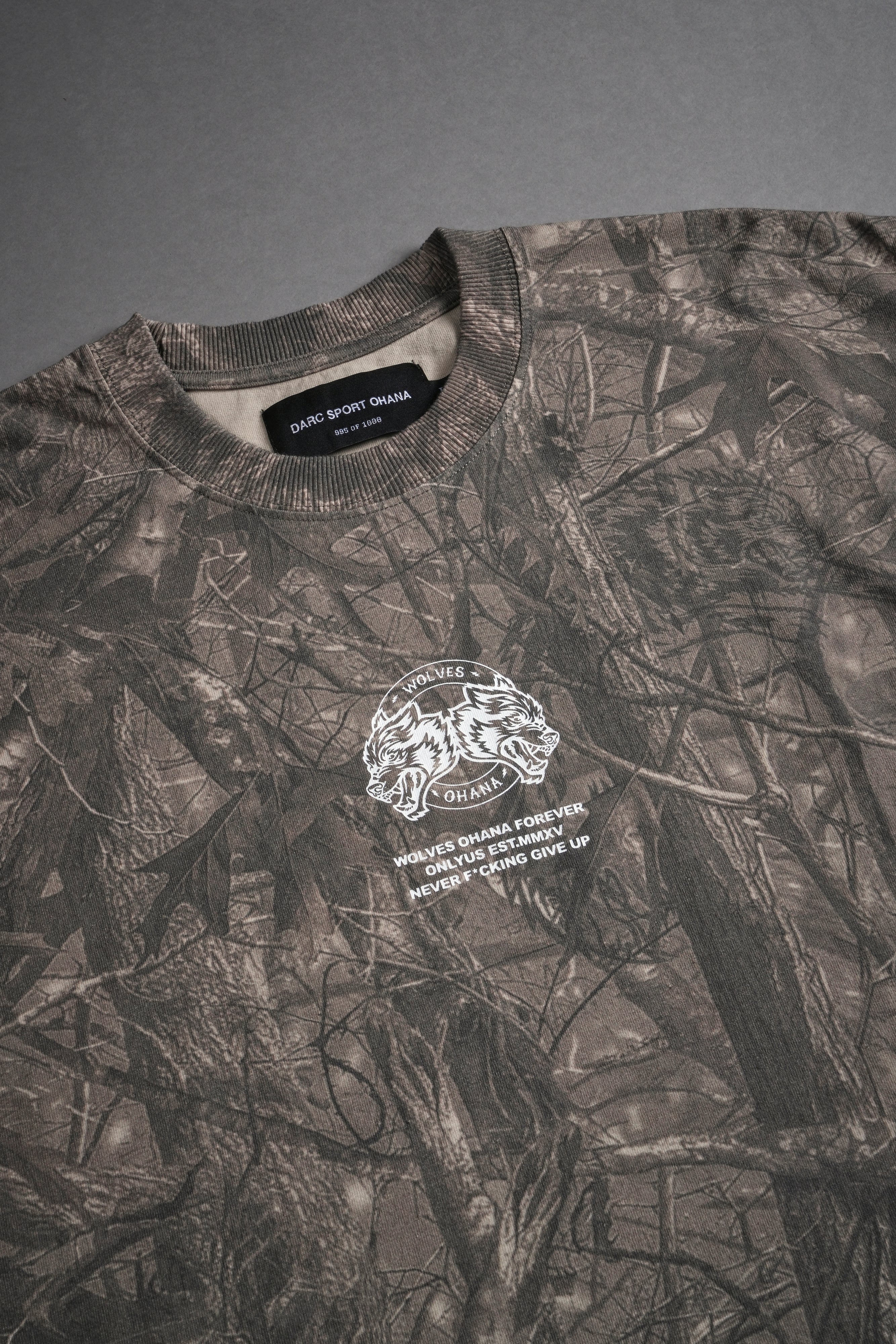Wolves Ohana Forever "Grunge" Cut Off Tee in Dusk Moss Driftwood Forest Camo