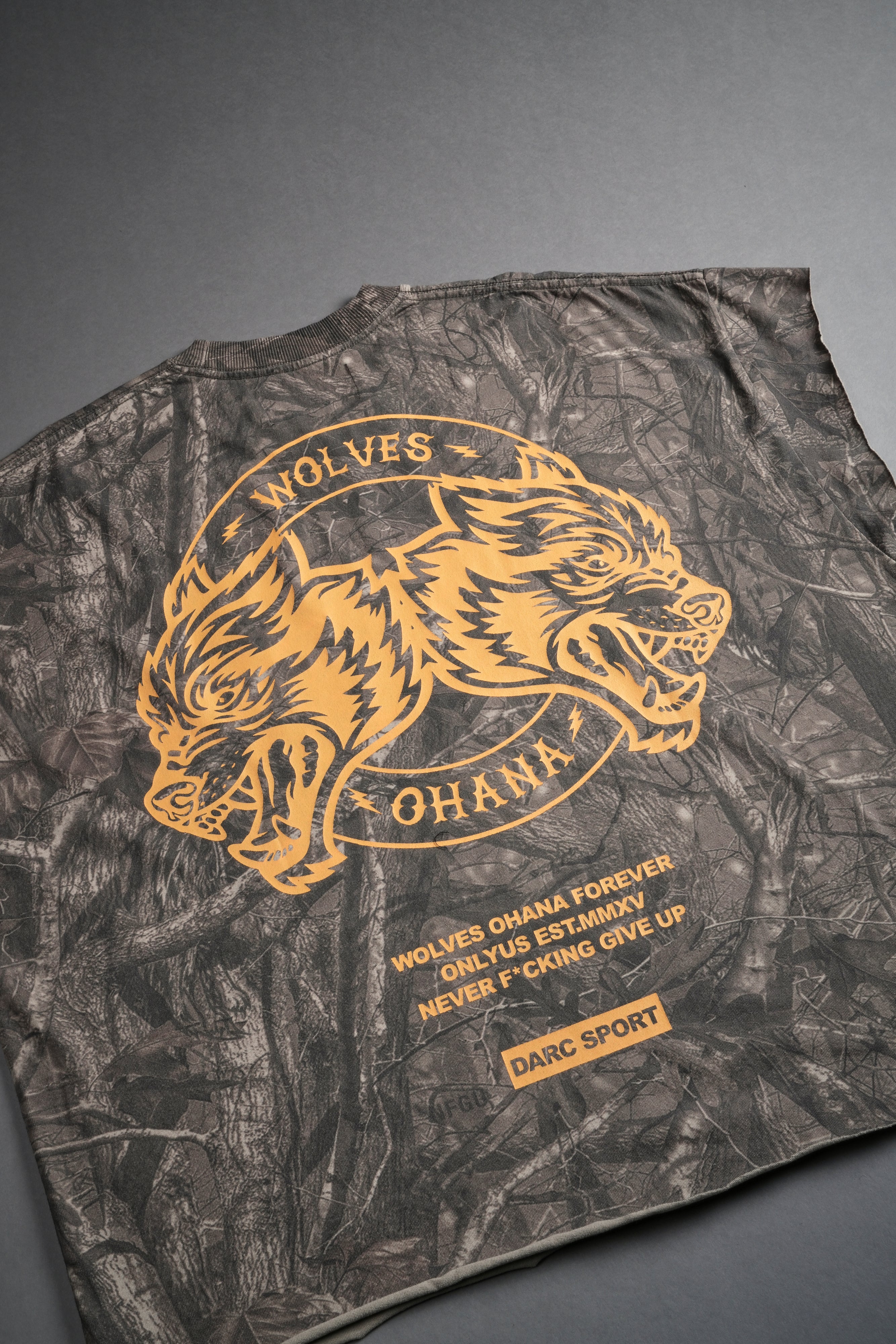 Wolves Ohana Forever "Grunge" Cut Off Tee in Dusk Moss Driftwood Forest Camo