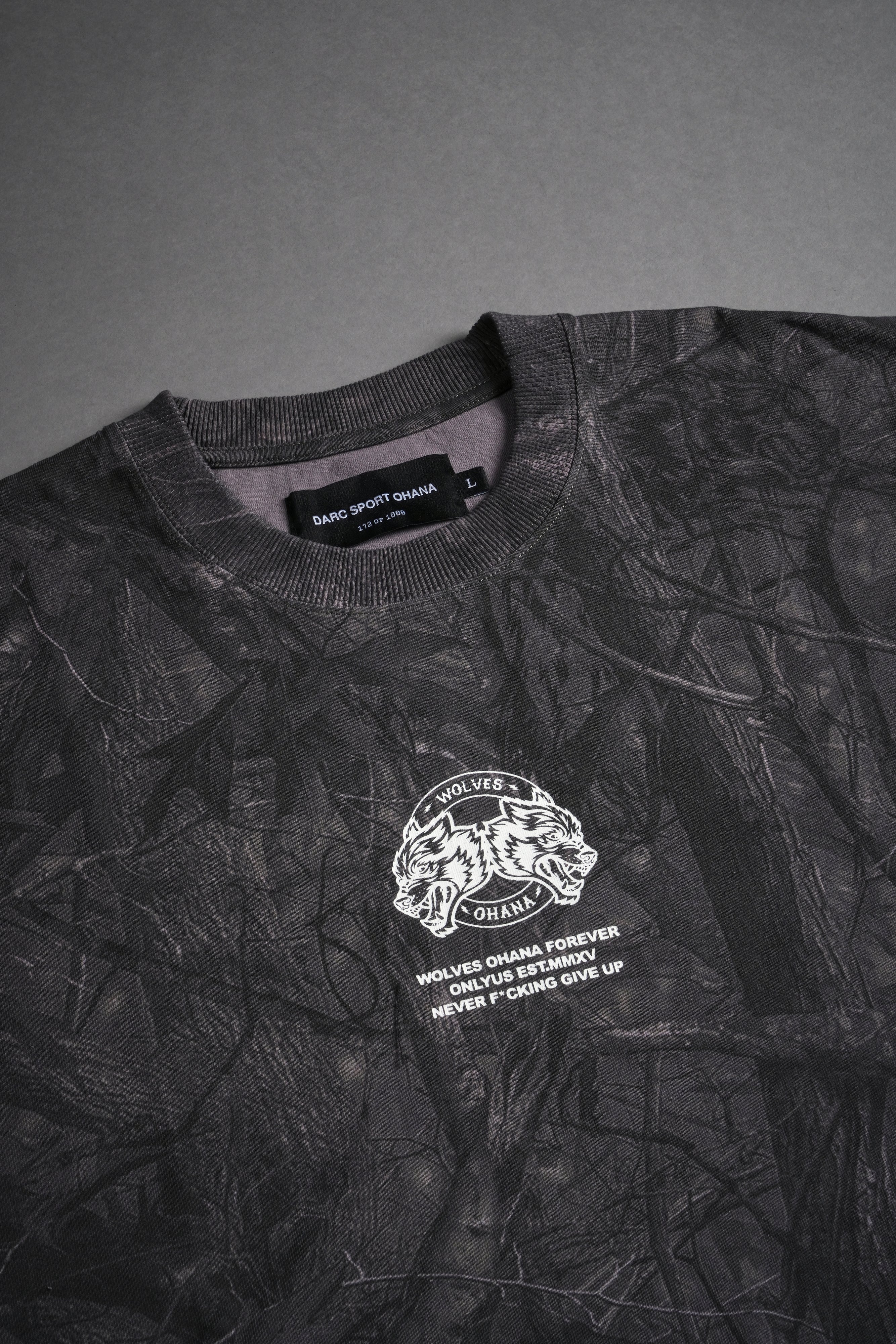 Wolves Ohana Forever "Grunge" Cut Off Tee in Darc Driftwood Forest Camo