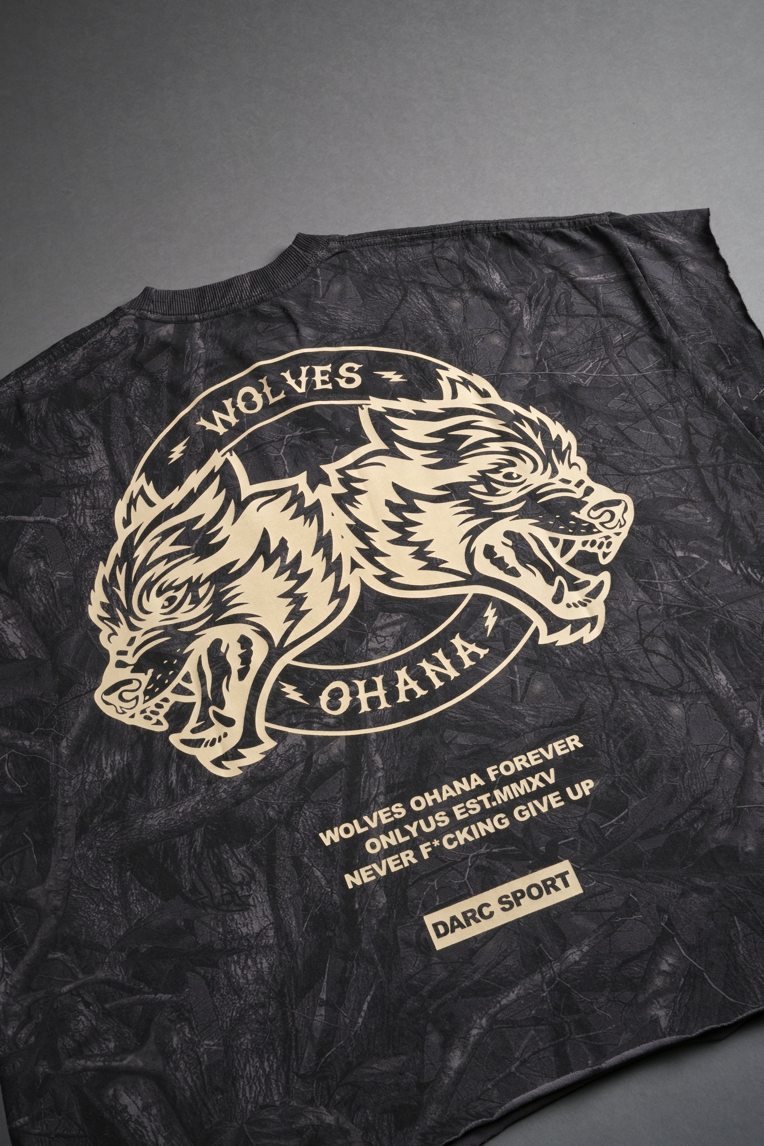 Wolves Ohana Forever "Grunge" Cut Off Tee in Darc Driftwood Forest Camo