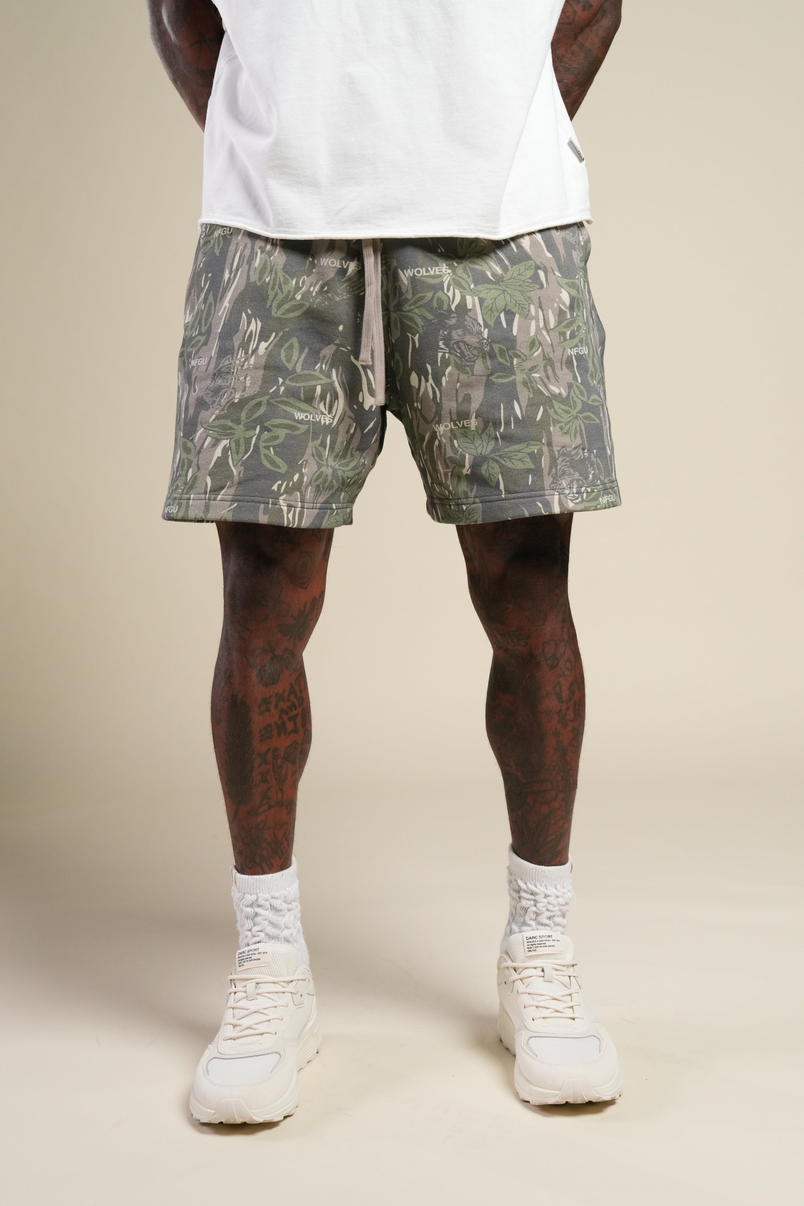 Dual Oversized Post Lounge Sweat Shorts in Norse Camo