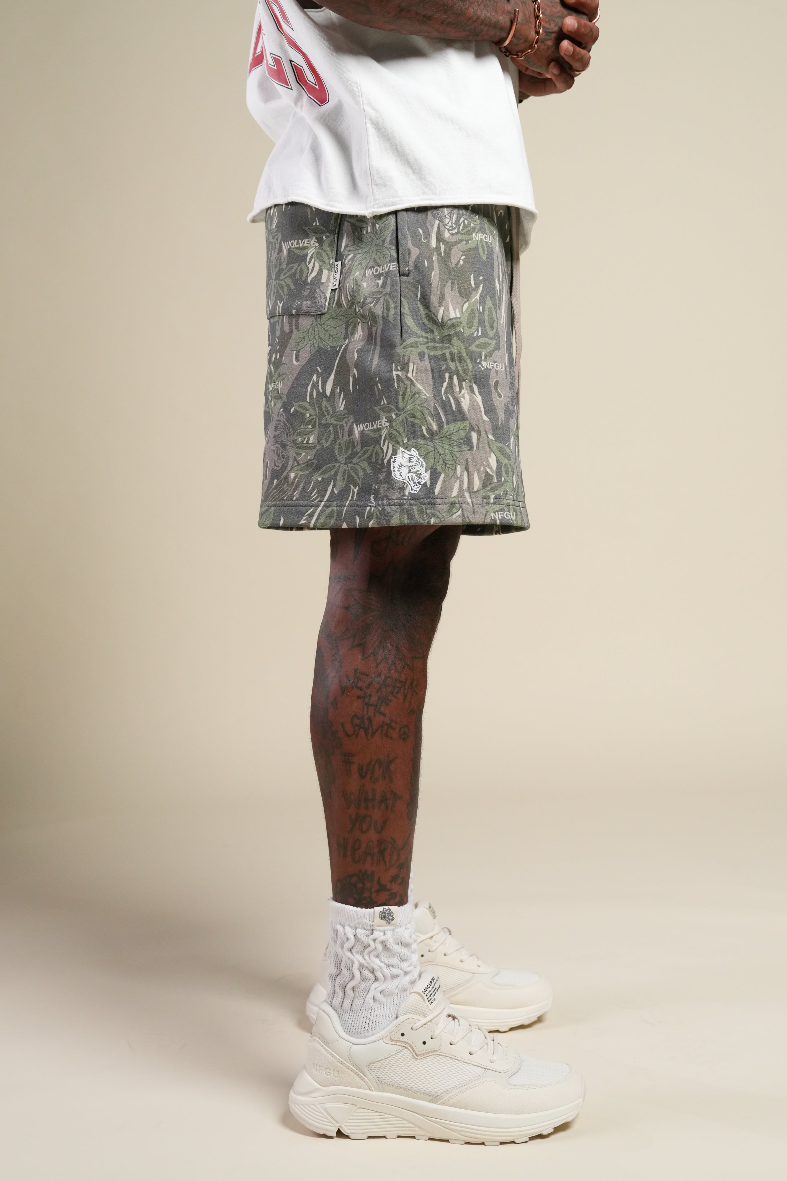 Dual Oversized Post Lounge Sweat Shorts in Norse Camo