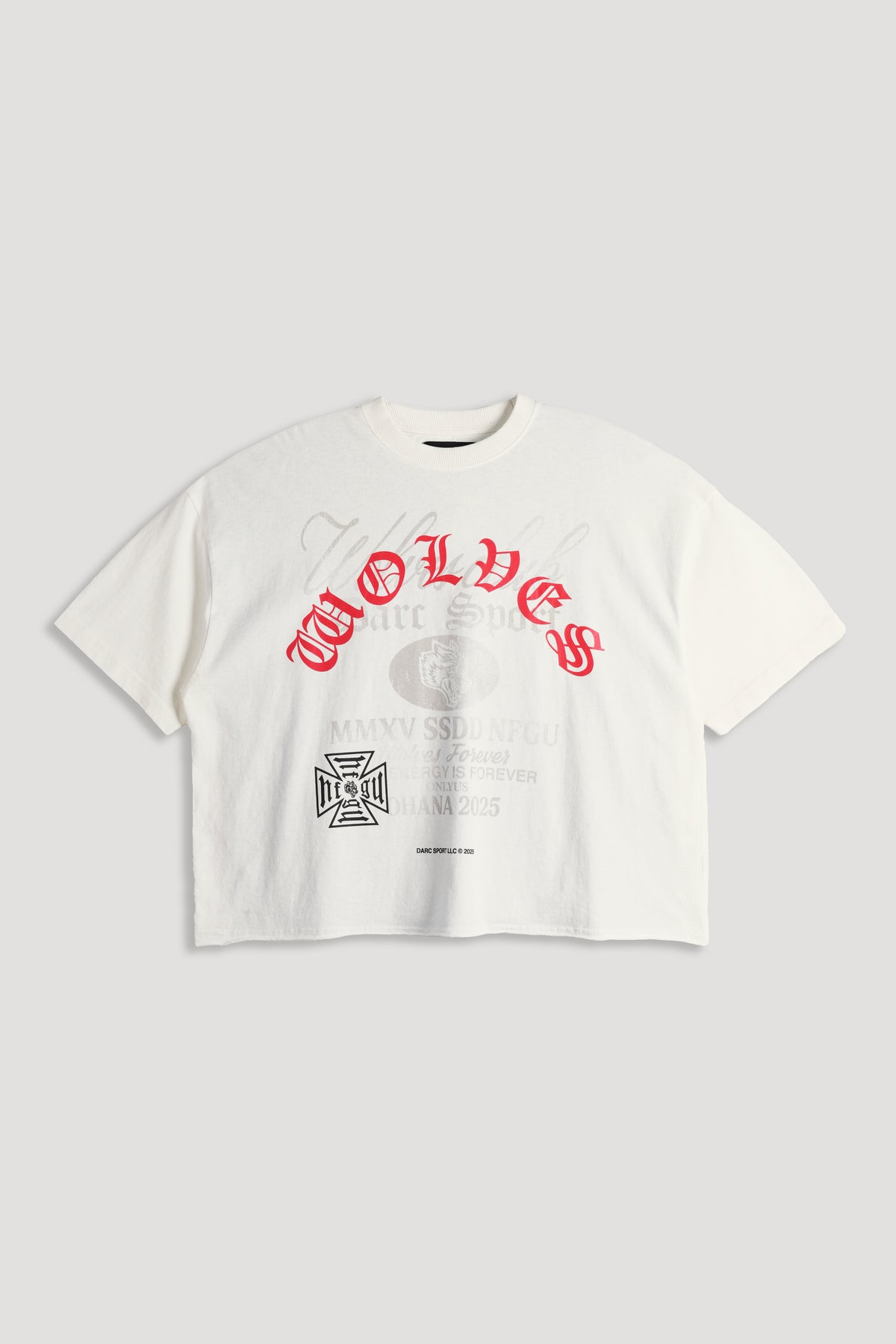 Ohana Wolves Club Grunge Raw Hem Mid Length Tee in Cream
