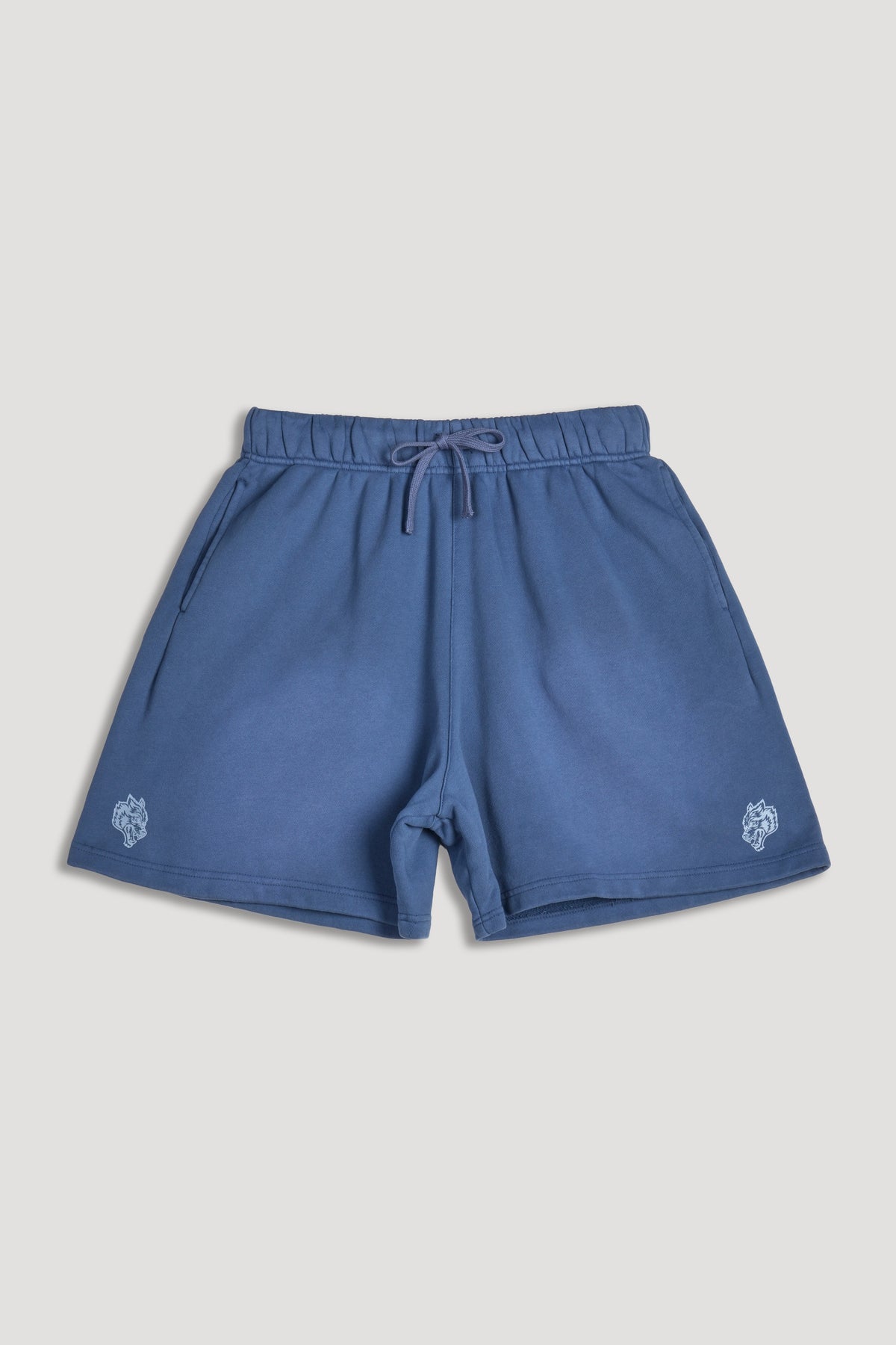 Dual Oversized Post Lounge Sweat Shorts in Washed Denim Sun Fade