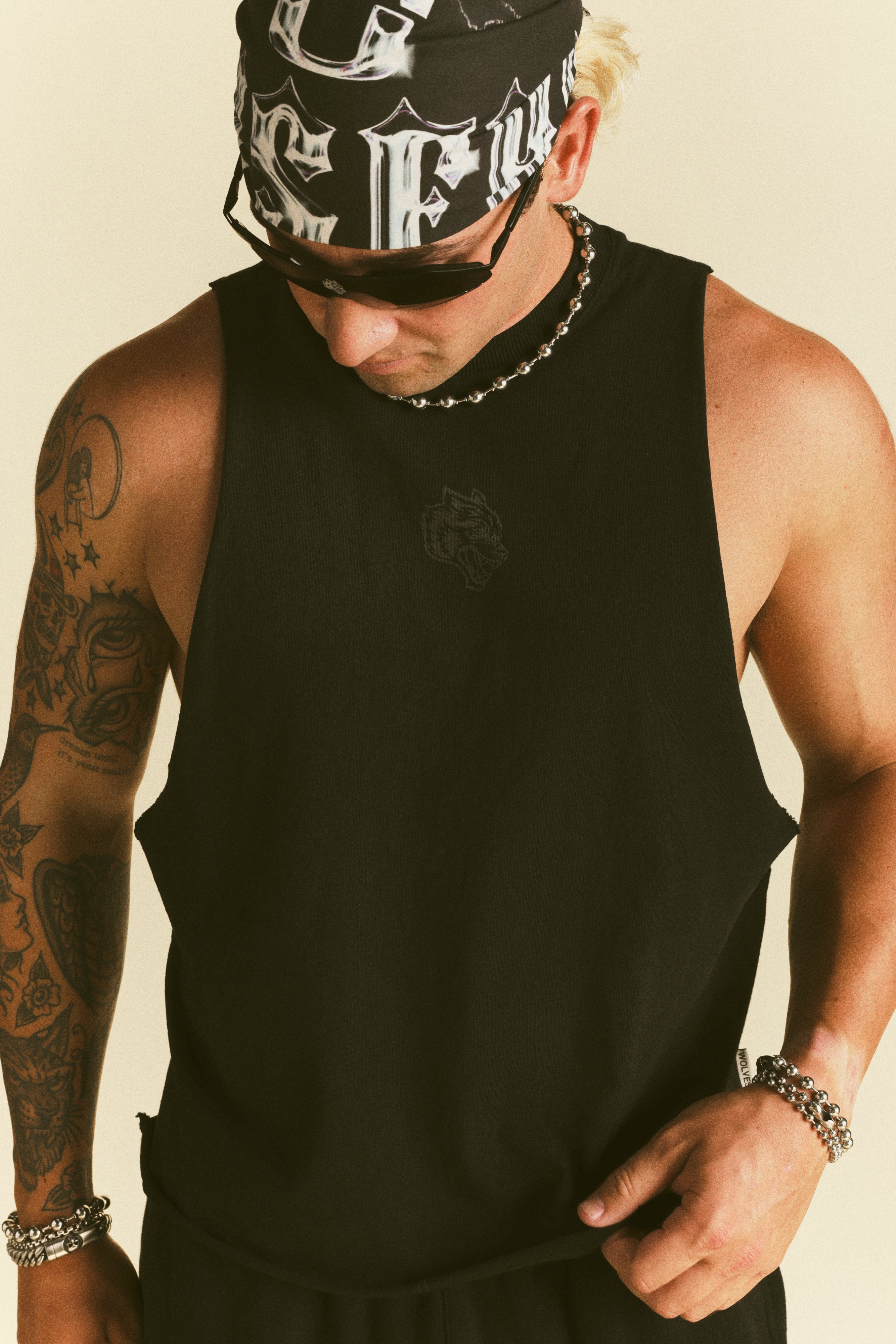 Loyalty Forever Grunge Raw Cropped "Tommy" Muscle Tee  in Black Sun Fade/Black