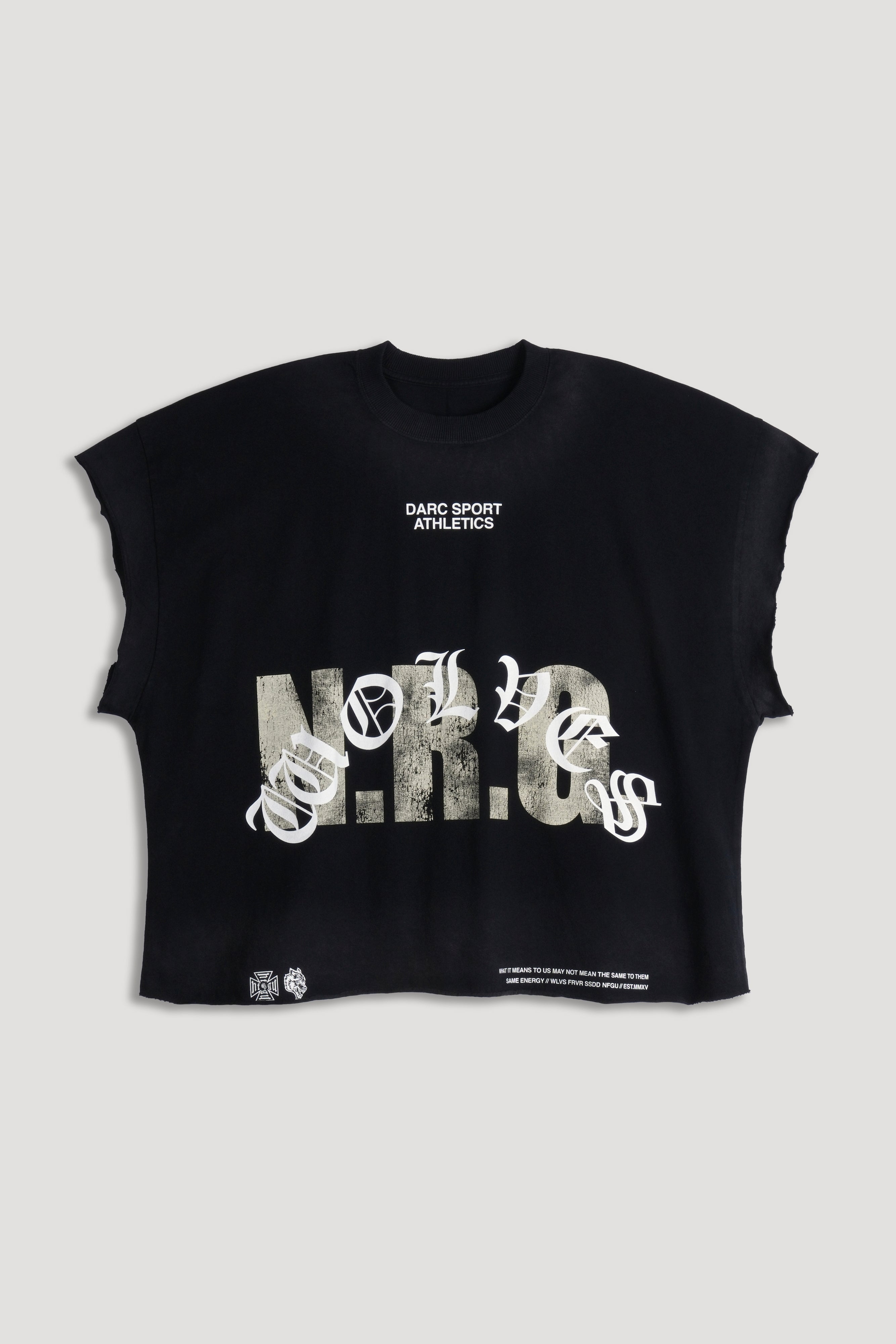 N.R.G. Grunge Cut-Off Mid Length Raw Hem Tee in Black Drift Wash