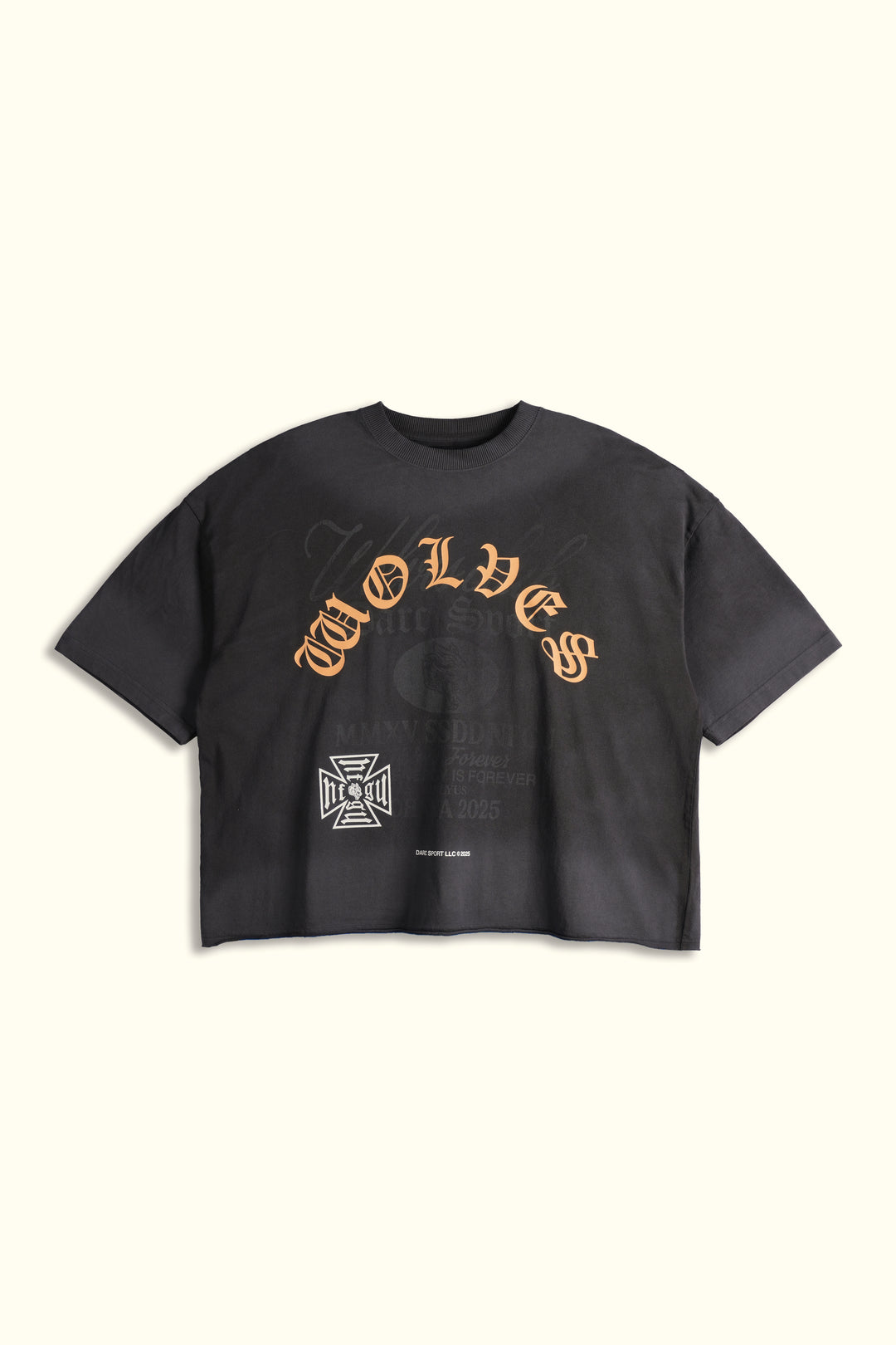 Ohana Wolves Club Grunge Raw Hem Mid Length Tee in Wolf Gray Drift Wash