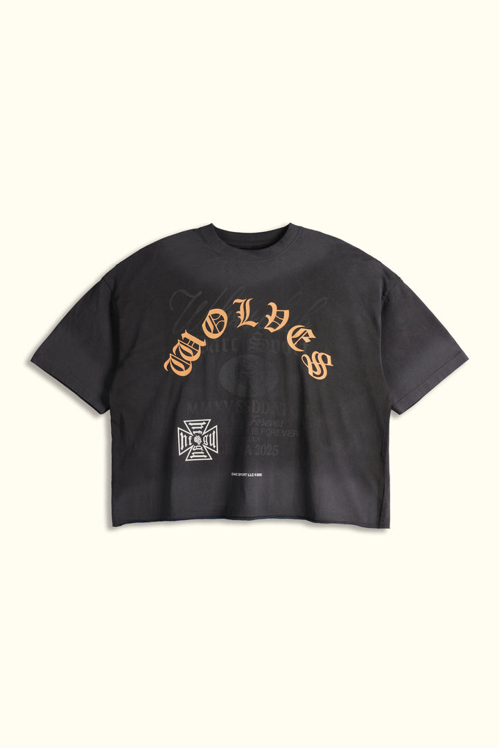 Ohana Wolves Club Grunge Raw Hem Mid Length Tee in Wolf Gray Drift Wash
