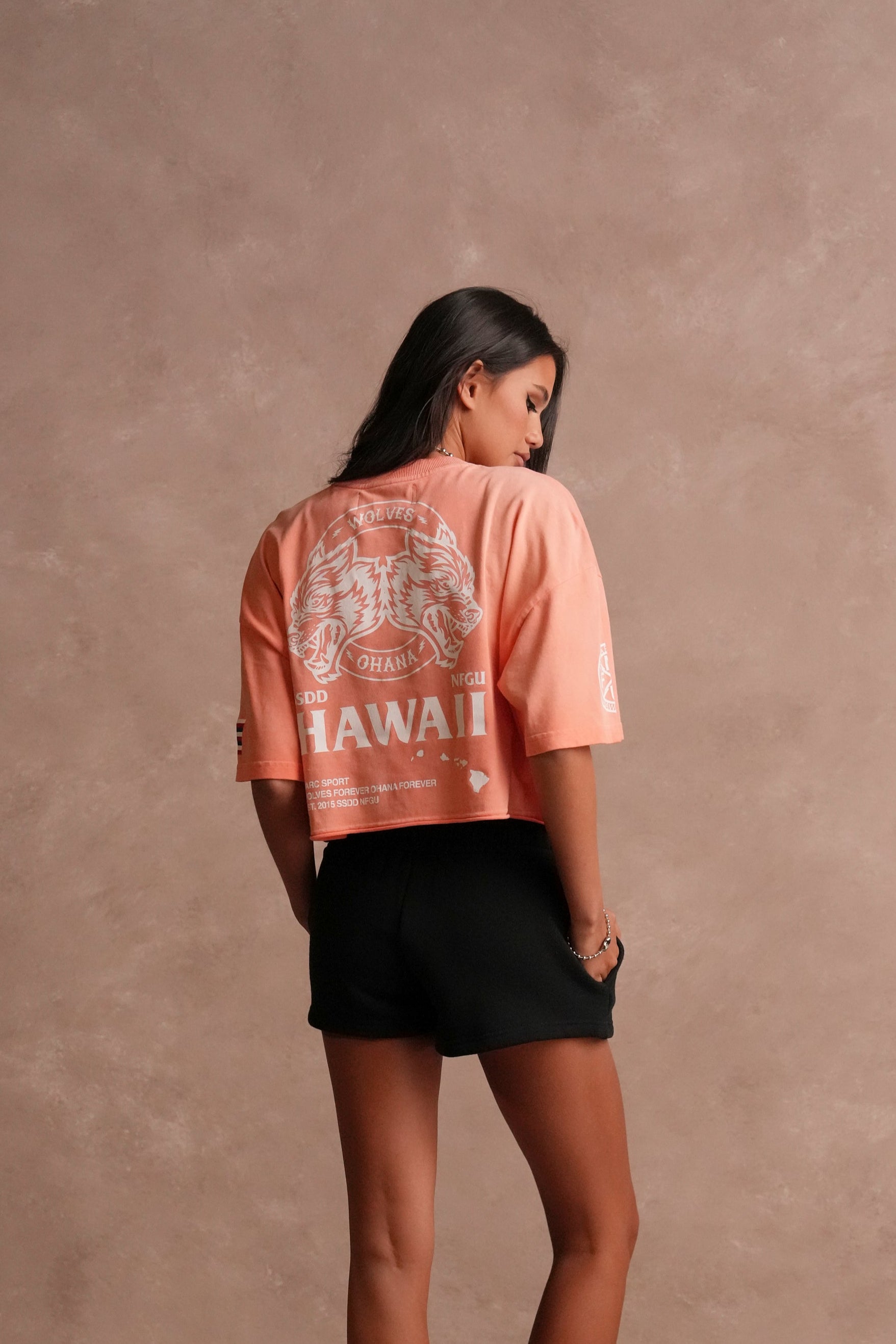 Wolves Ohana "Premium" Oversized (Cropped) Tee in Neon Coral Sun Fade
