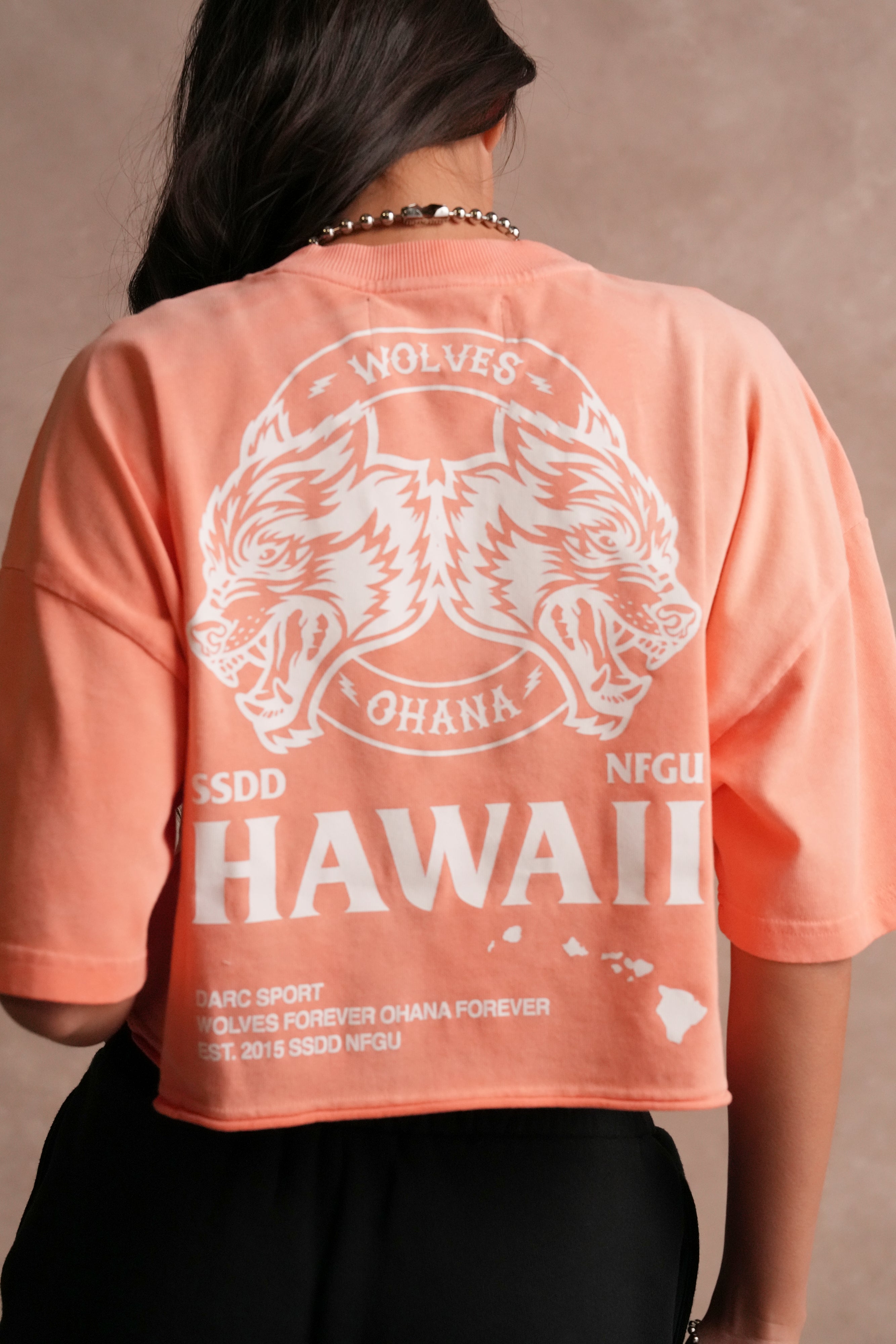 Wolves Ohana "Premium" Oversized (Cropped) Tee in Neon Coral Sun Fade