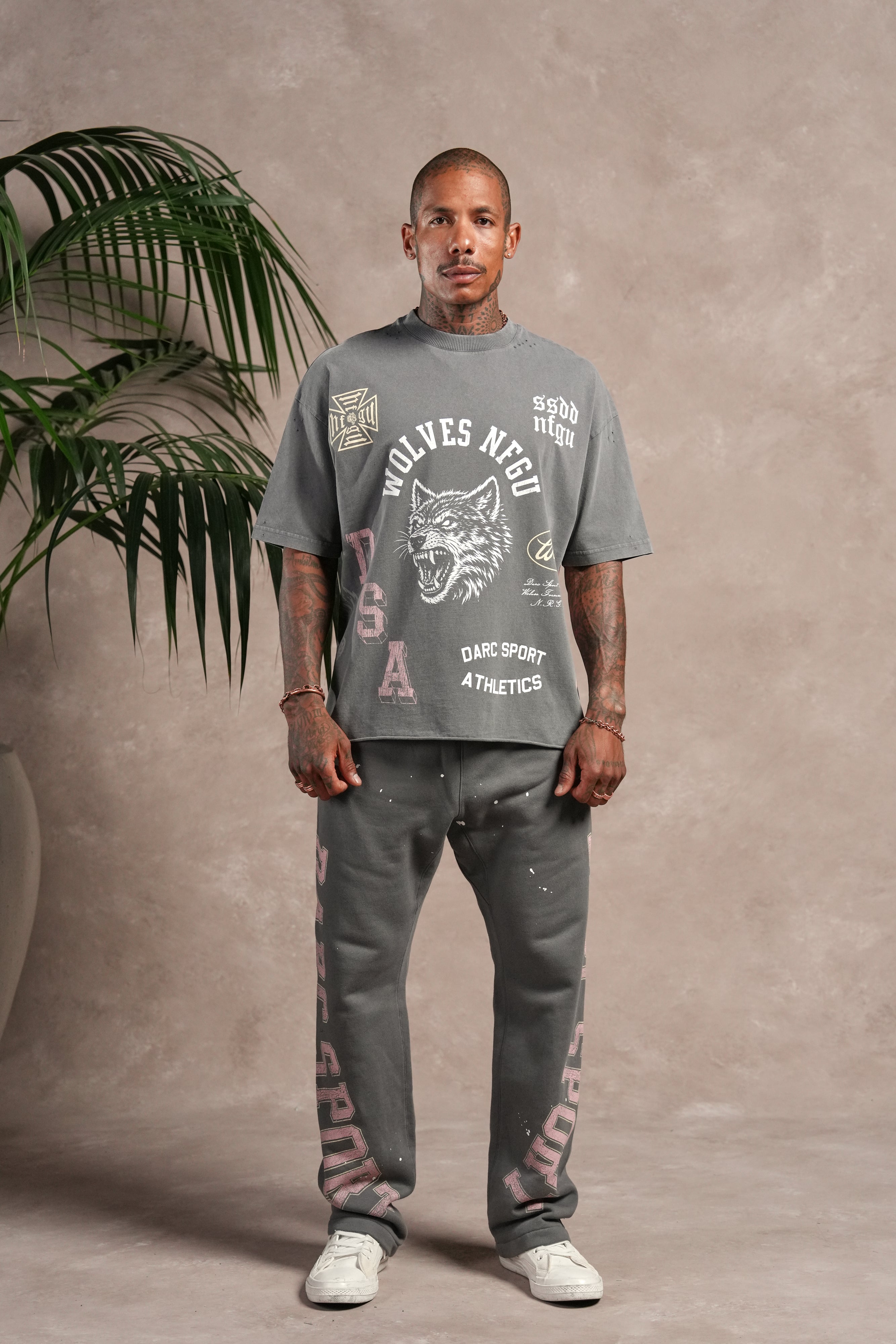 Wolves Athletics Distressed Grunge Mid Length Raw Hem Tee in Slate Gray