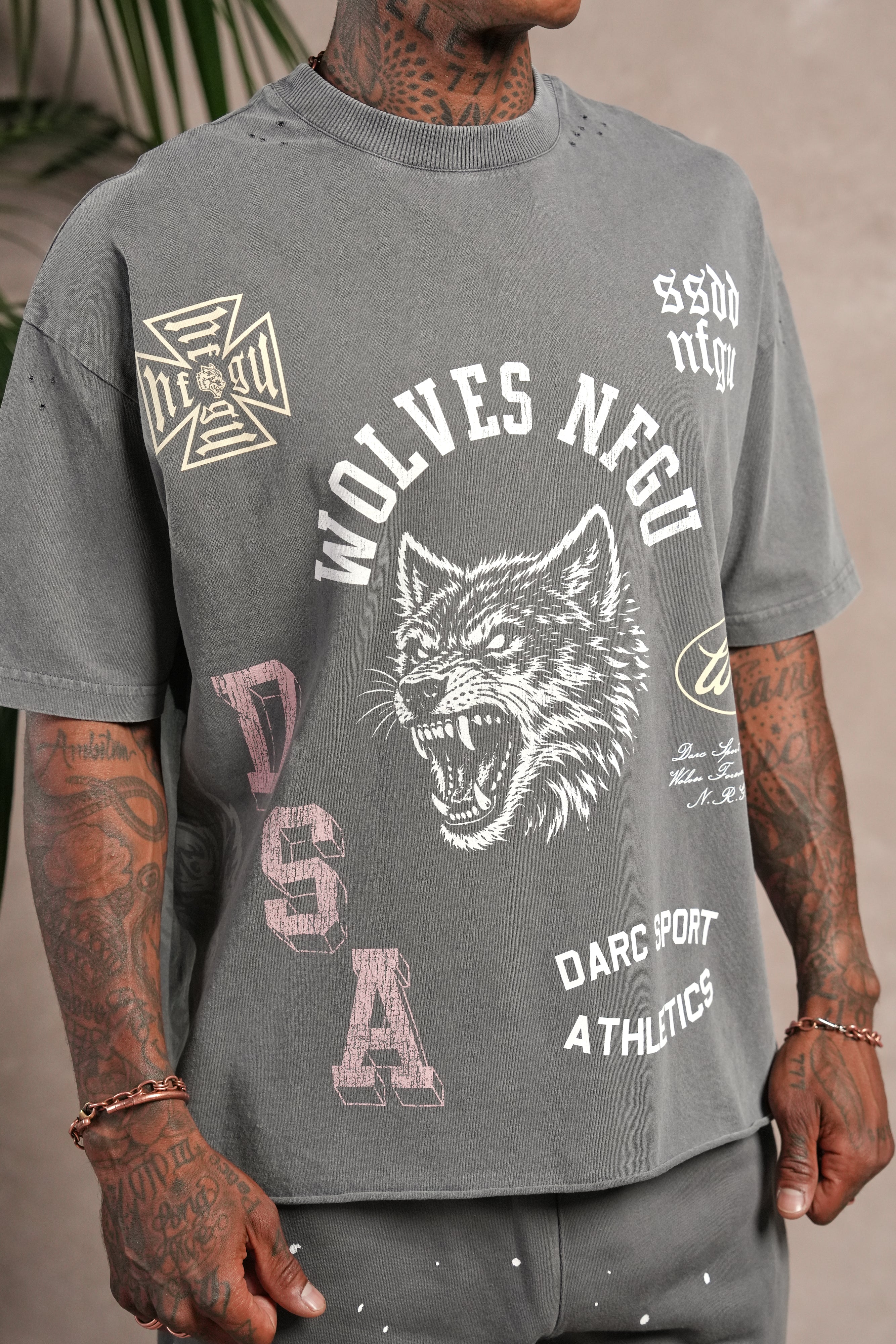 Wolves Athletics Distressed Grunge Mid Length Raw Hem Tee in Slate Gray