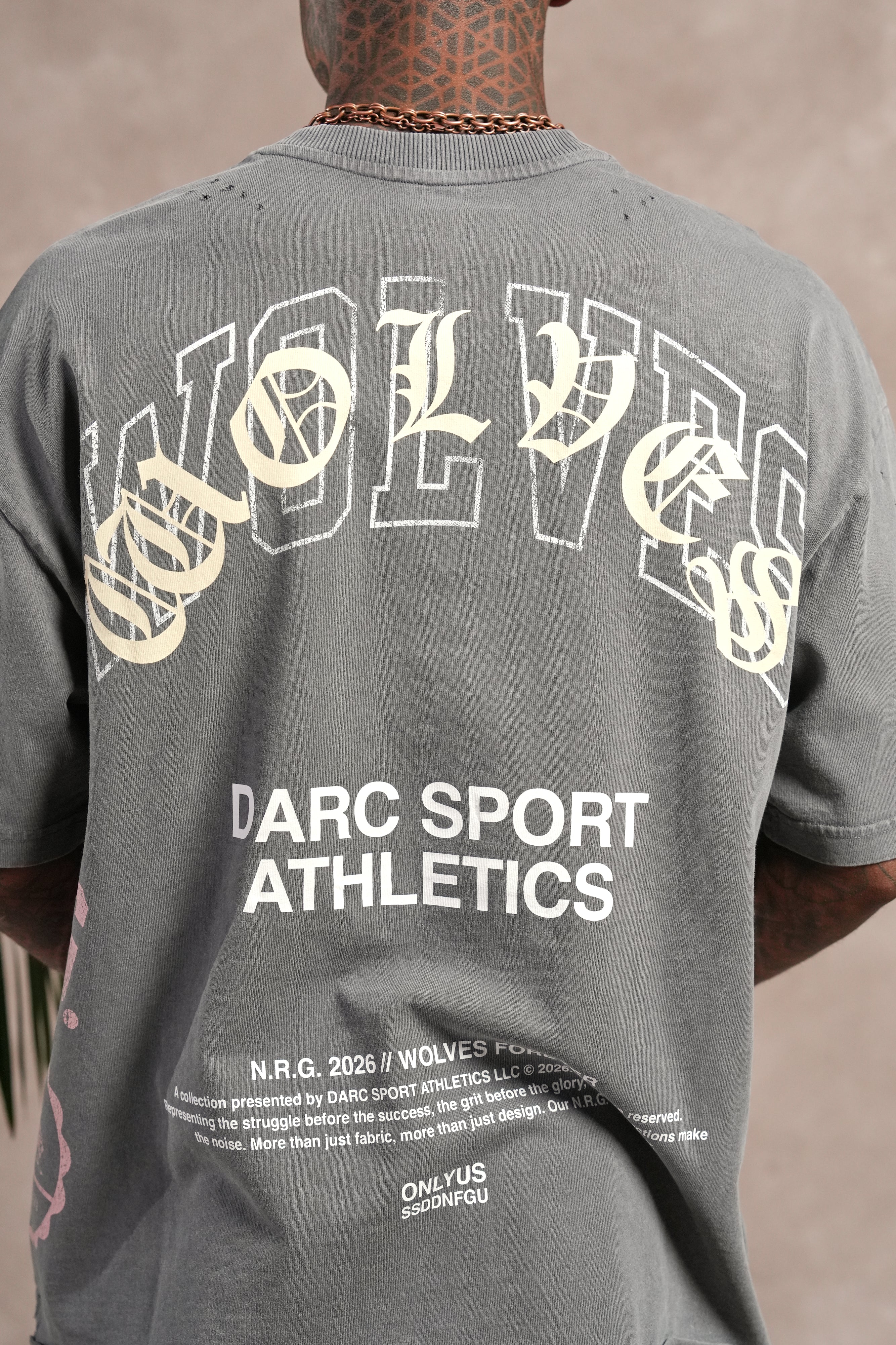 Wolves Athletics Distressed Grunge Mid Length Raw Hem Tee in Slate Gray