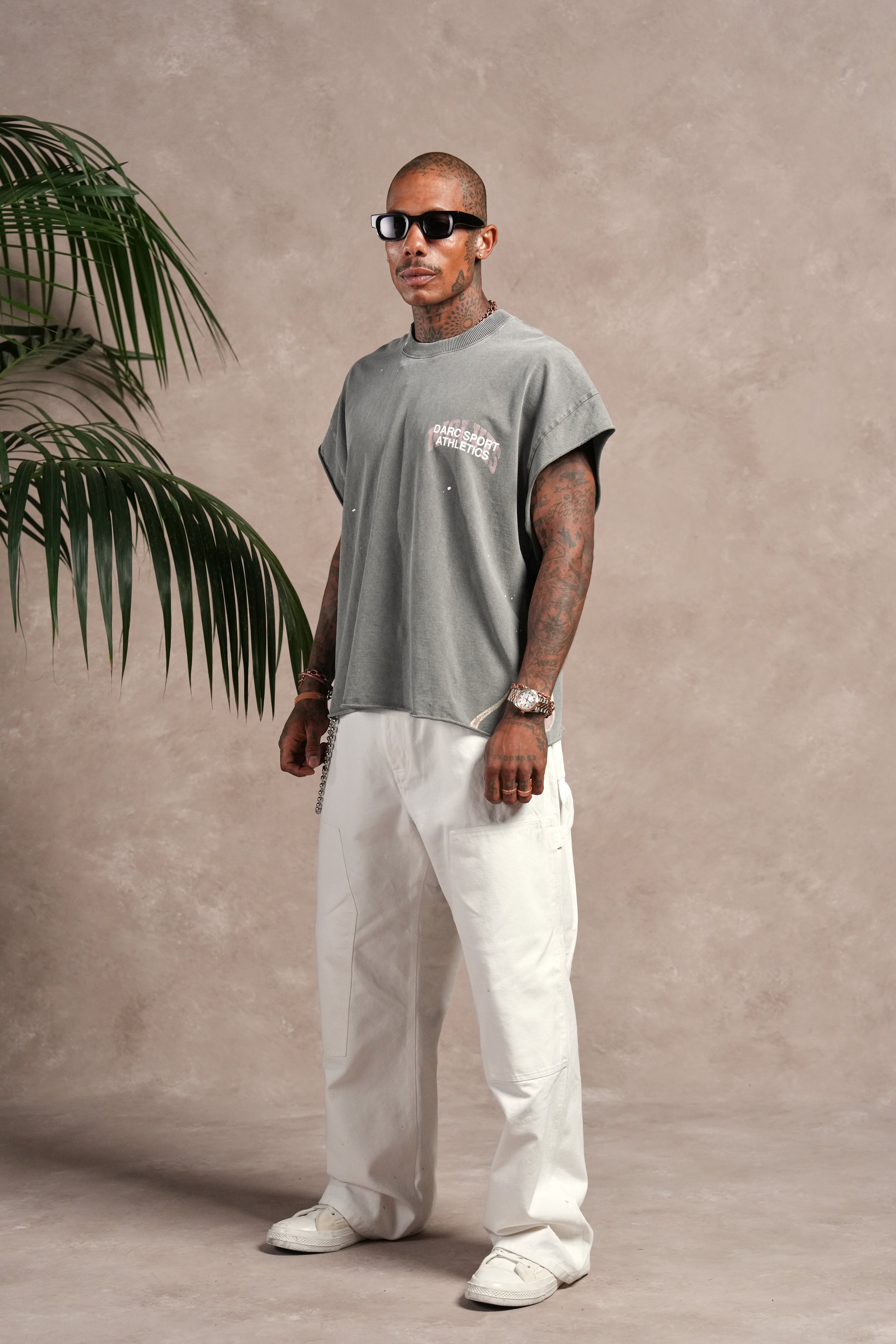 Hot Rod Grunge Cut-Off Mid Length Raw Hem Tee in Slate Gray