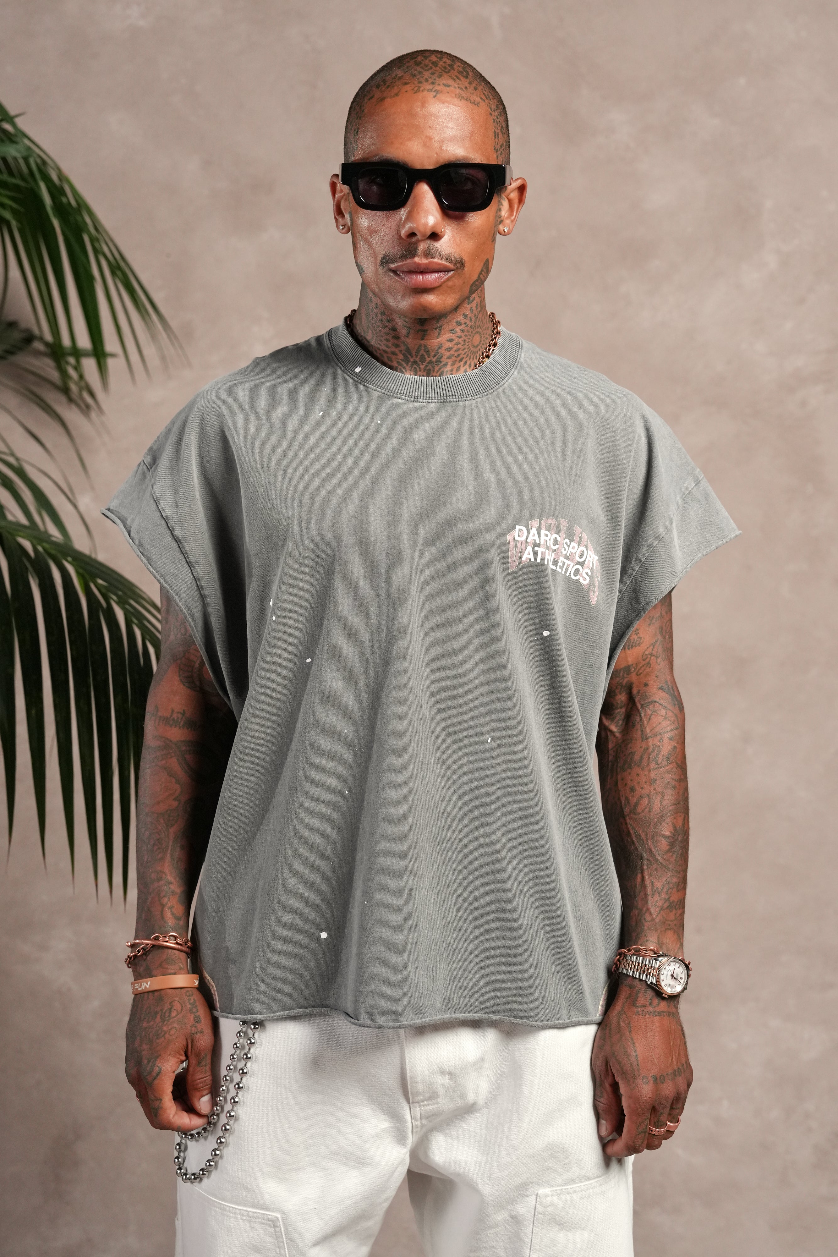Hot Rod Grunge Cut-Off Mid Length Raw Hem Tee in Slate Gray