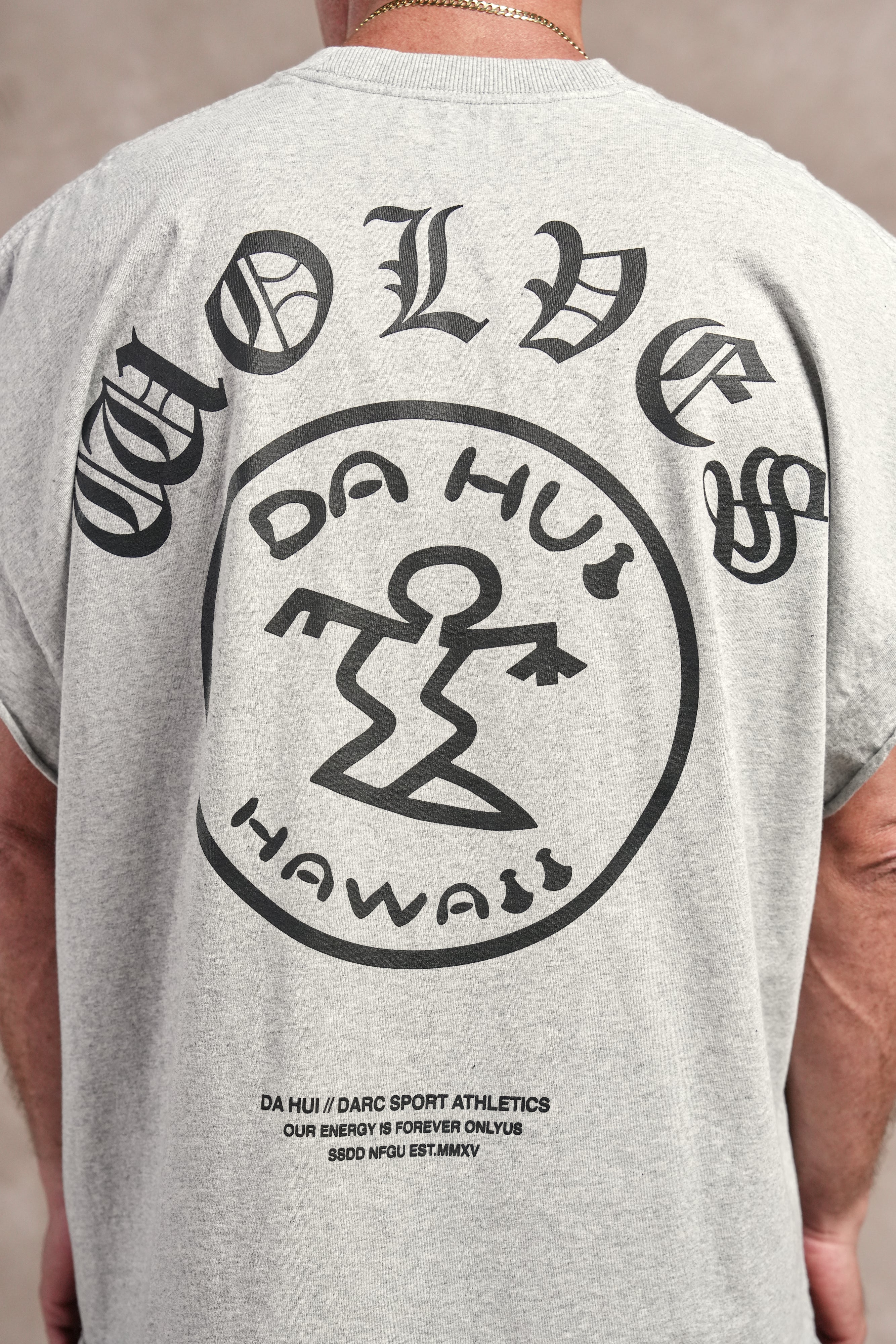 Darc Sport X Da Hui Grunge Cut-Off Mid Length Raw Hem Tee in Light Athletic Gray