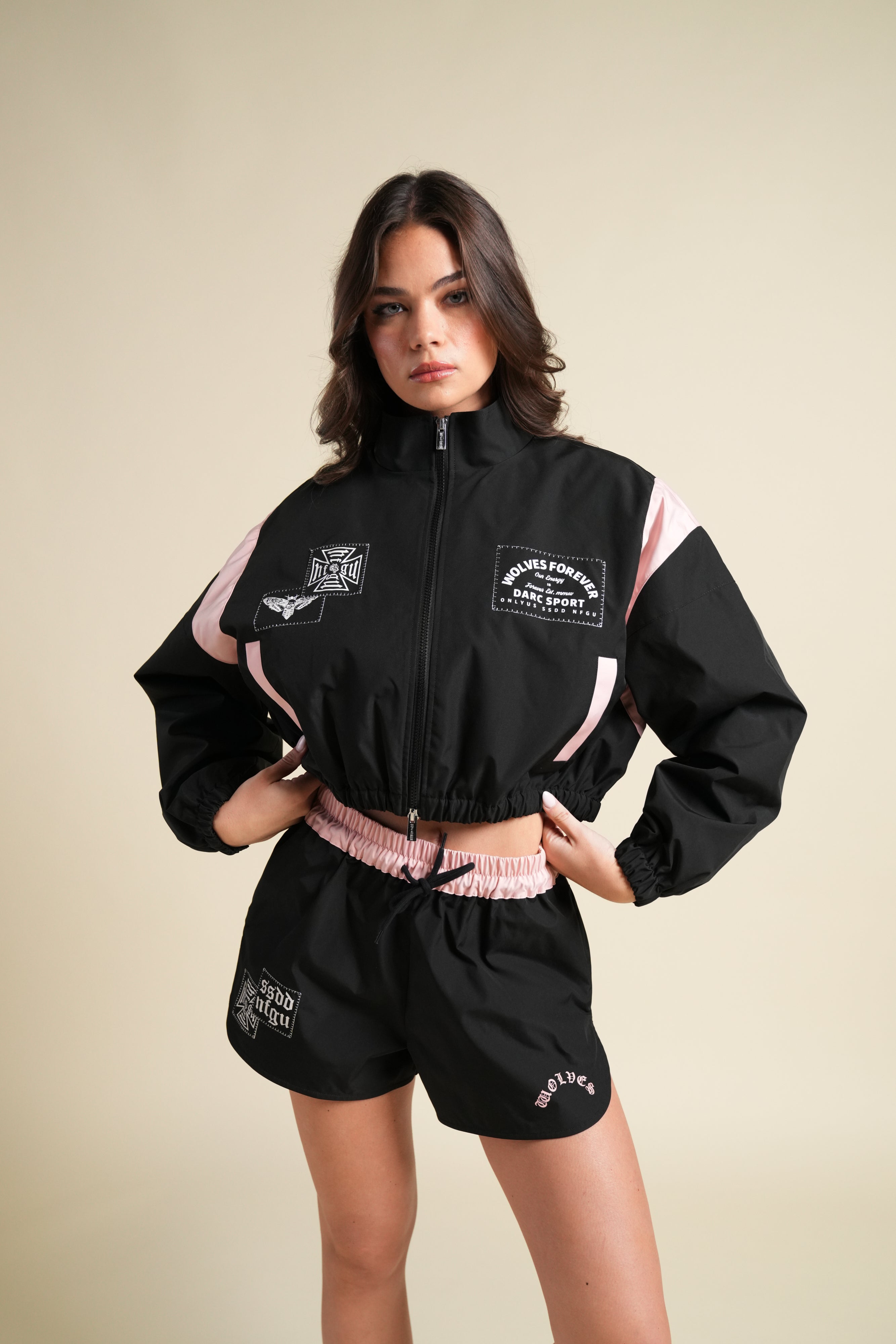 Chopper Core Applique Nadia Track Jacket in Black/Cherry Blossom