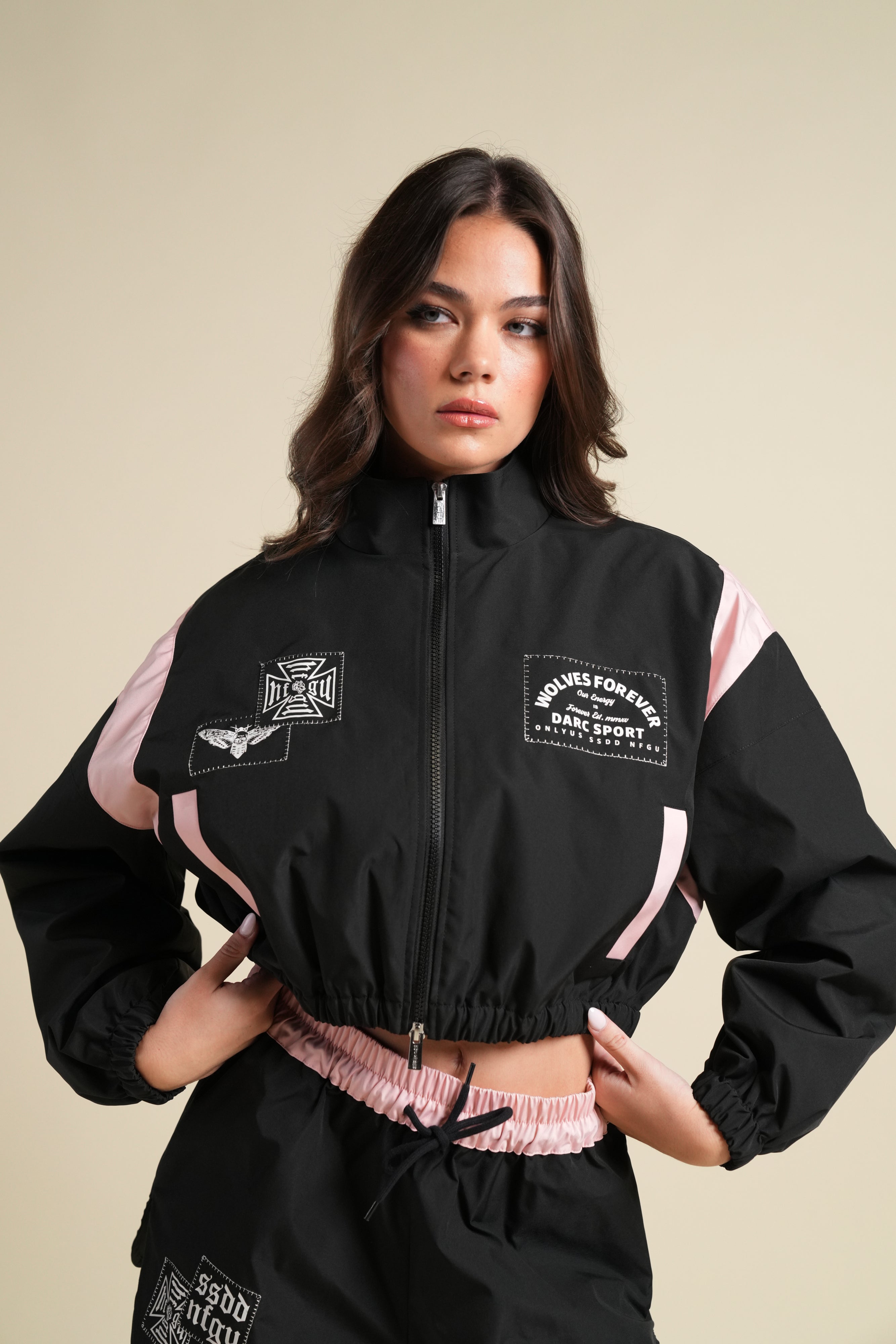 Chopper Core Applique Nadia Track Jacket in Black/Cherry Blossom