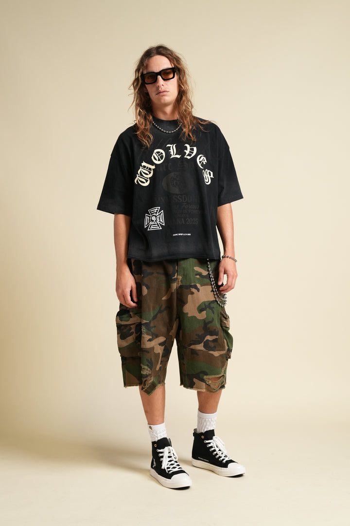 Ohana Wolves Club Grunge Raw Hem Mid Length Tee in Black Drift Wash