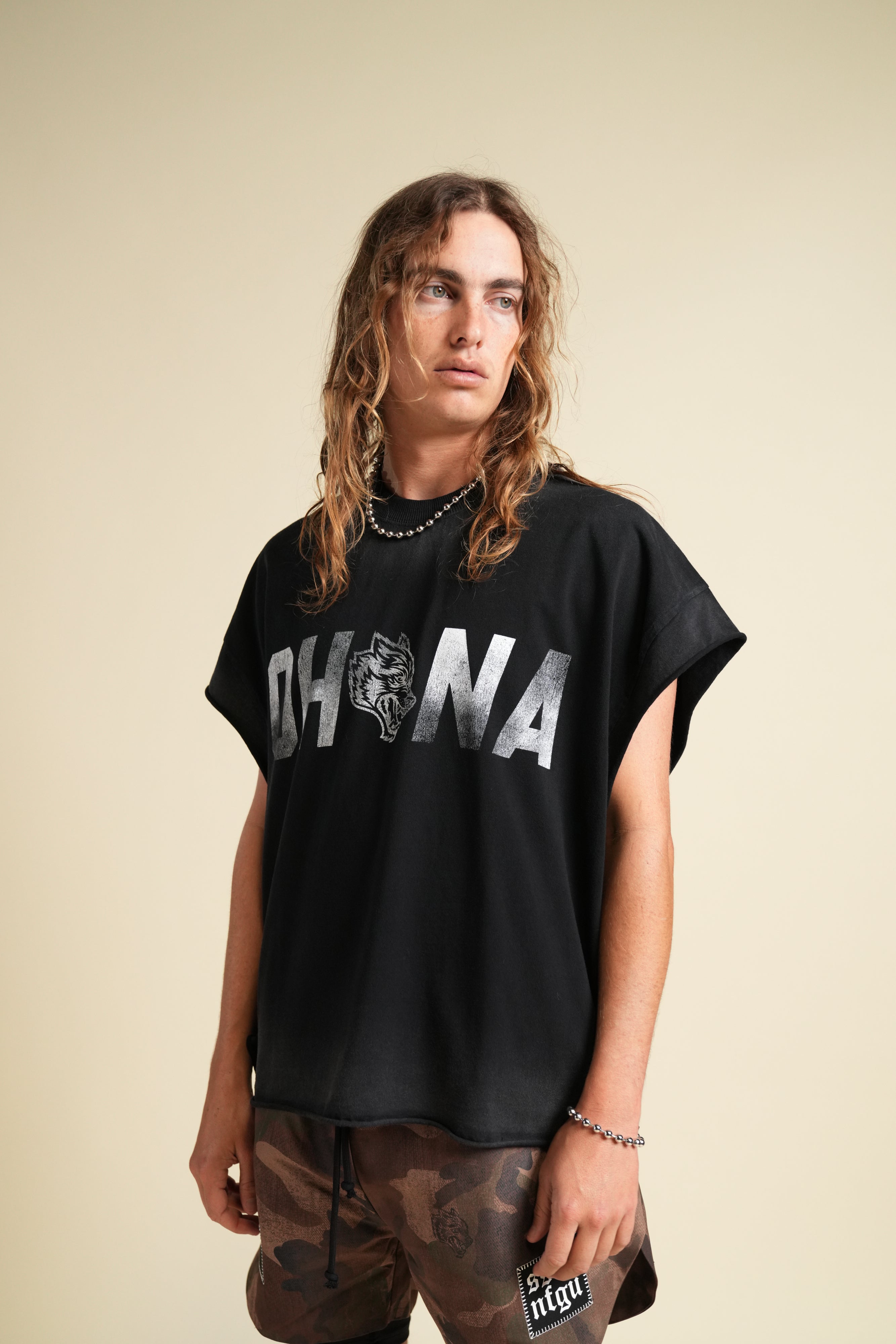 Ohana Wolf "Grunge" Cut Off Tee in Black Drift Wash