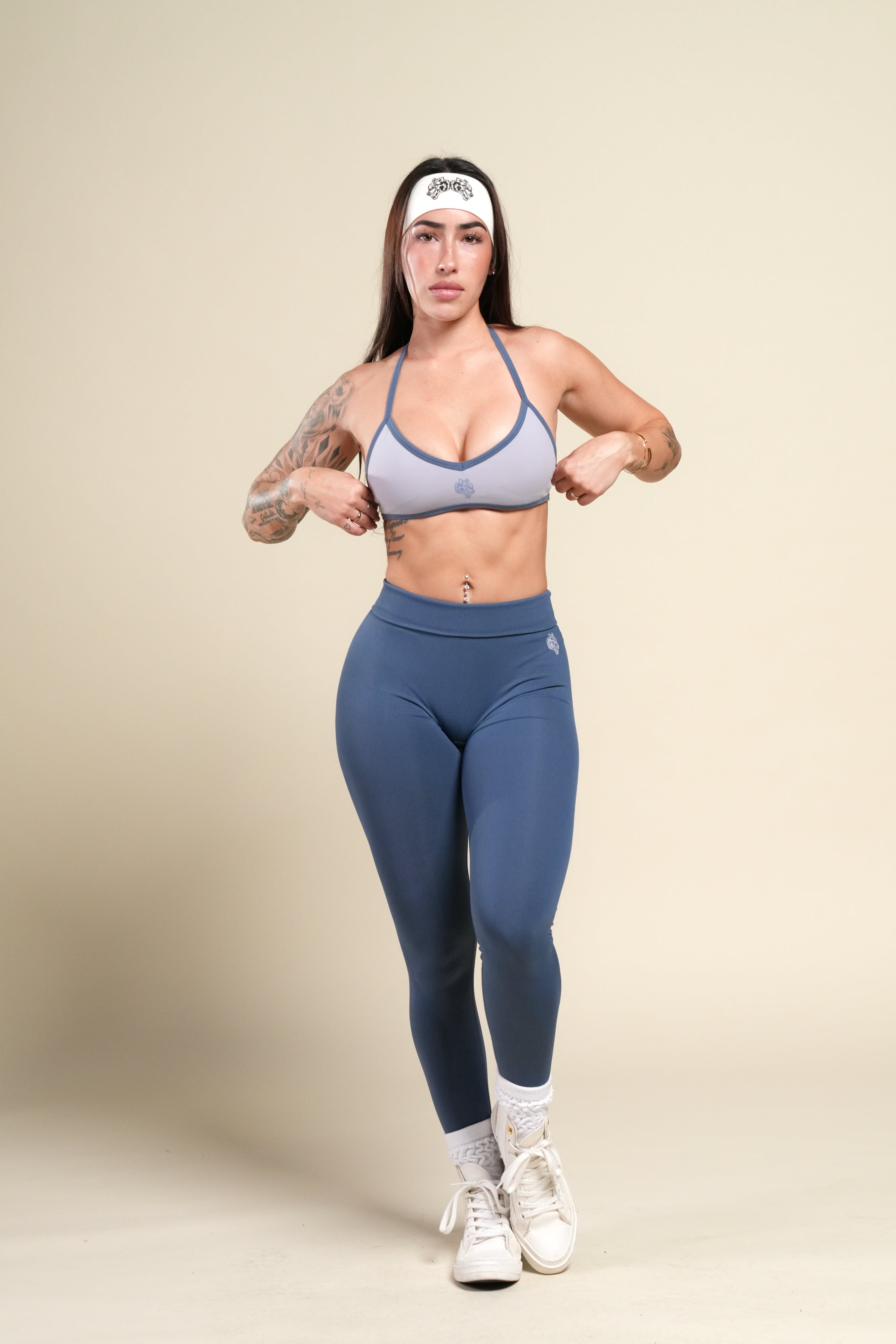Wolf "Lana" Halter Energy Bra in Sport Gray/Washed Denim